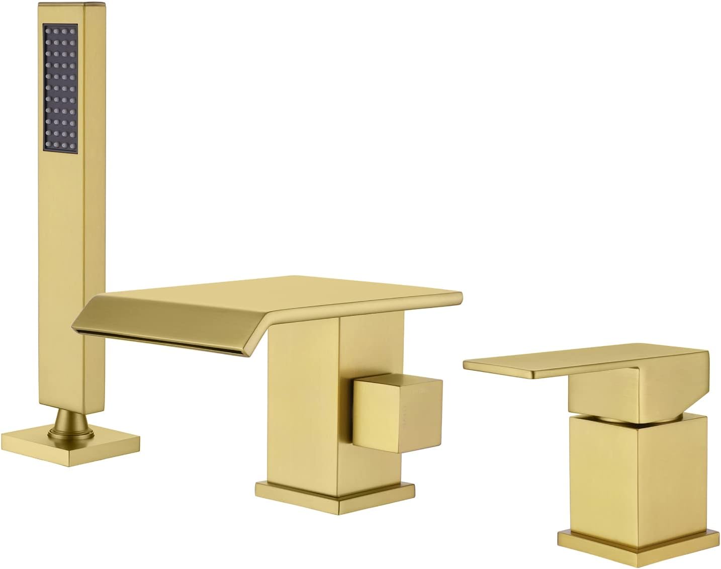 TapLong Waterfall Tub Filler Faucet with HandHeld Shower Widespread Roman Tub Faucet Set, Deck Mount 3-Holes Single-Handle Faucet in Brushed Gold, 03111BG