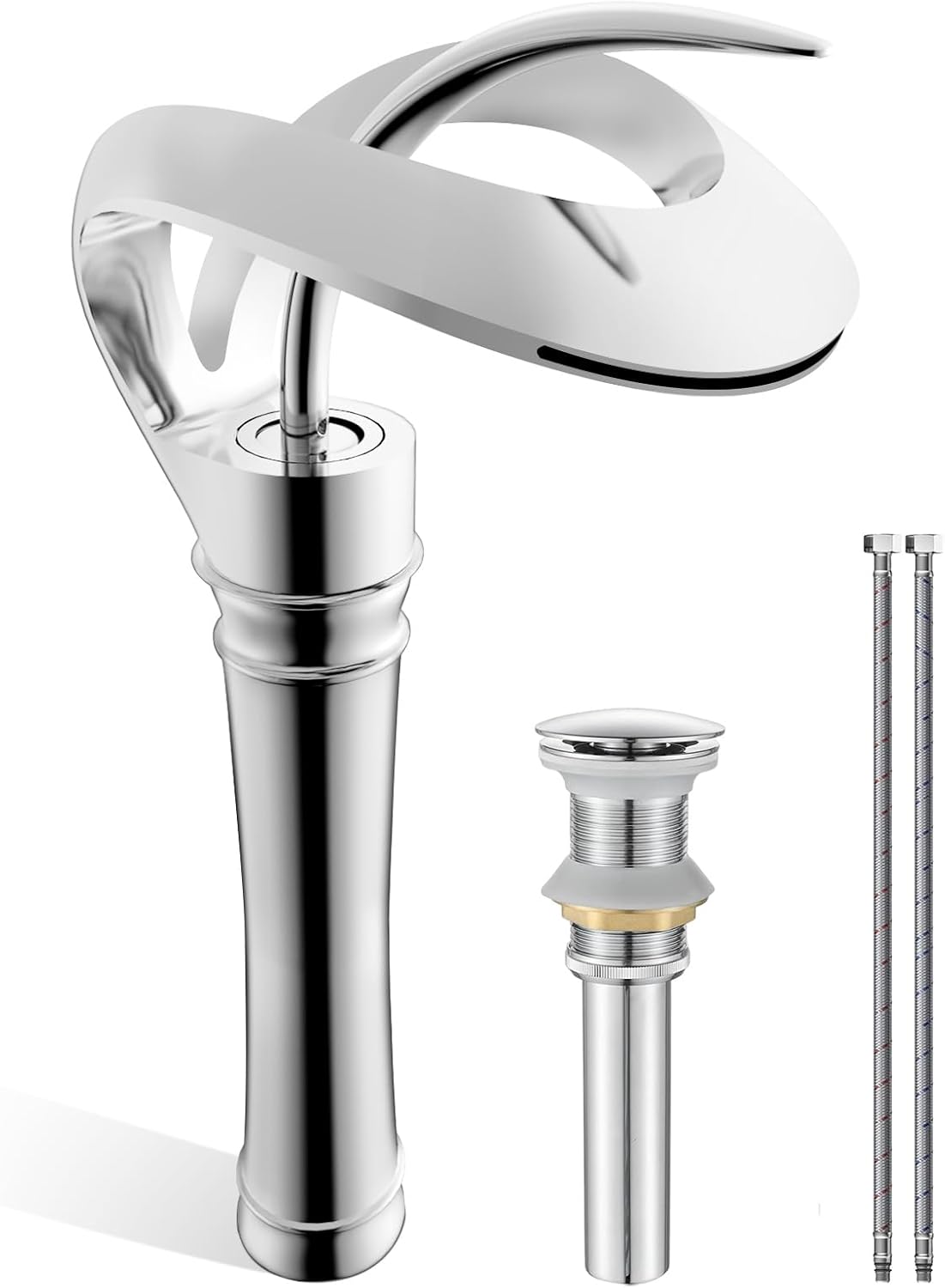 Elegant Bathroom Sink Faucet Single Hole,AUU Waterfall Matte Black Vanity Sink Faucet Solid Brass,Single Handle Basin Tap with Pop Up Drian Deck Plate Supply Line (Black, Short)