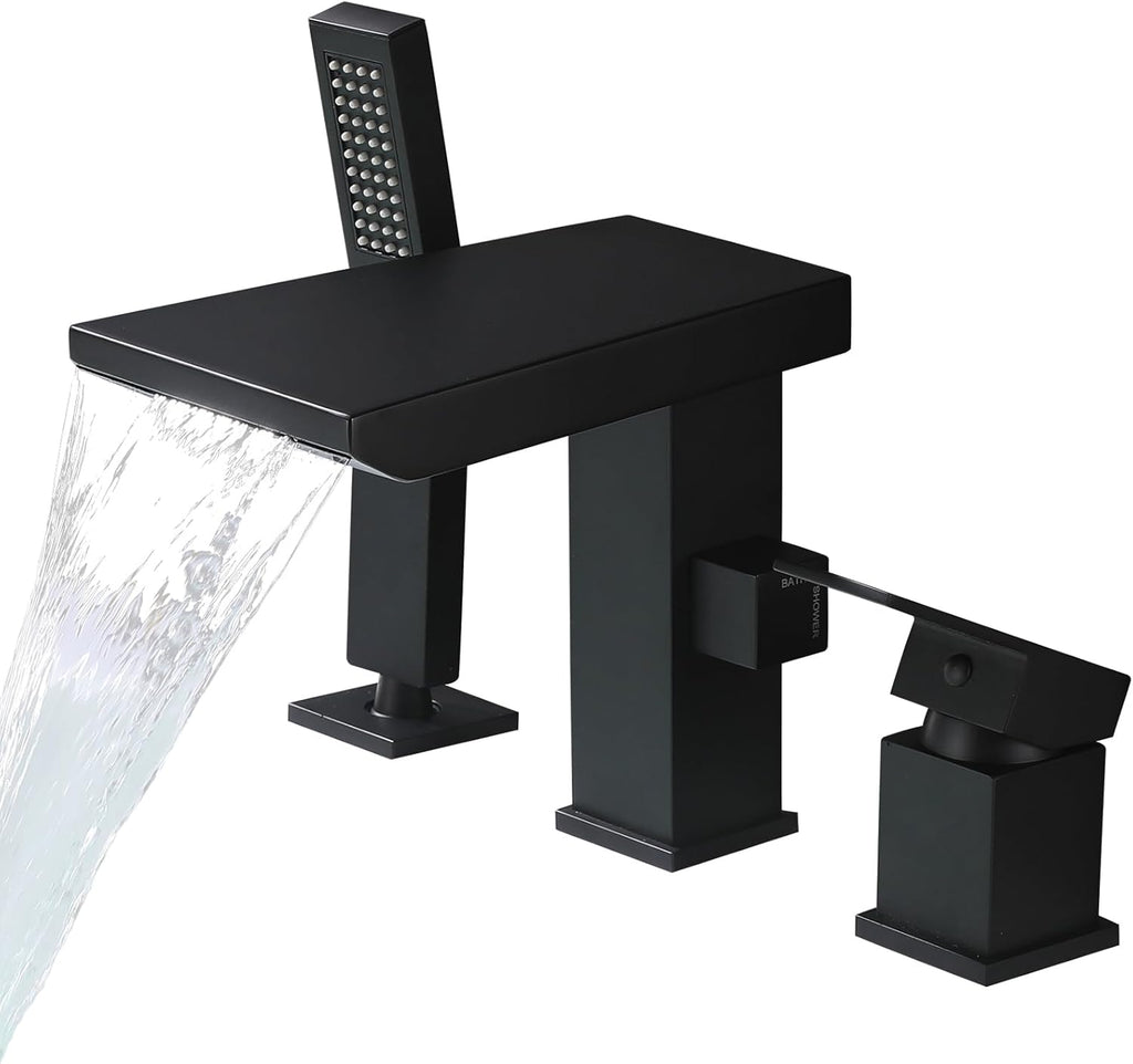 Waterfall Roman Tub Faucet with Hand Shower, Deck Mount Tub Filler Bathtub Faucet with Sprayer, Brass Widespread 3 Hole Bathtub Shower Faucet Set, Matte Black