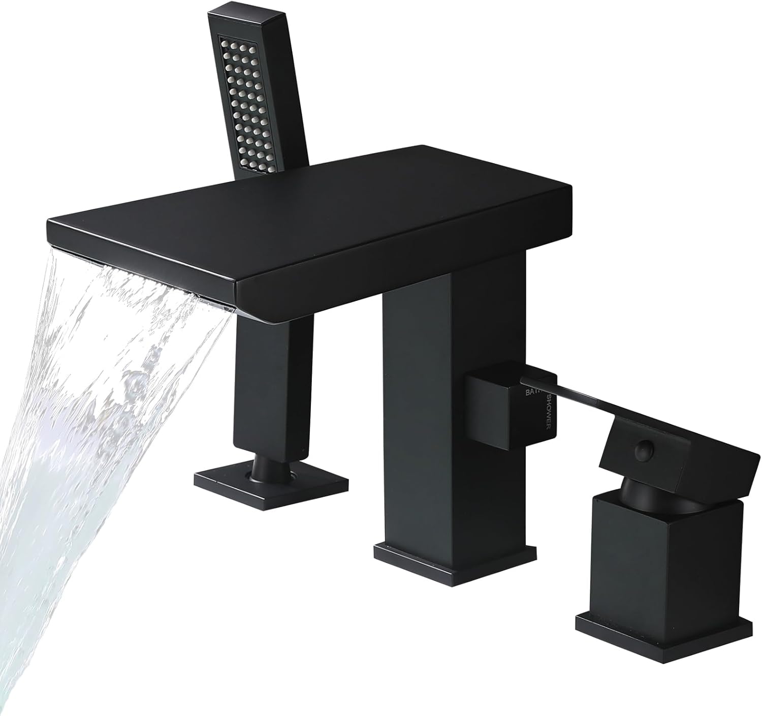 Waterfall Roman Tub Faucet with Hand Shower, Deck Mount Tub Filler Bathtub Faucet with Sprayer, Brass Widespread 3 Hole Bathtub Shower Faucet Set, Matte Black