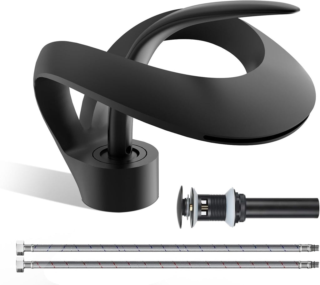 Elegant Bathroom Sink Faucet Single Hole,AUU Waterfall Matte Black Vanity Sink Faucet Solid Brass,Single Handle Basin Tap with Pop Up Drian Deck Plate Supply Line (Black, Short)