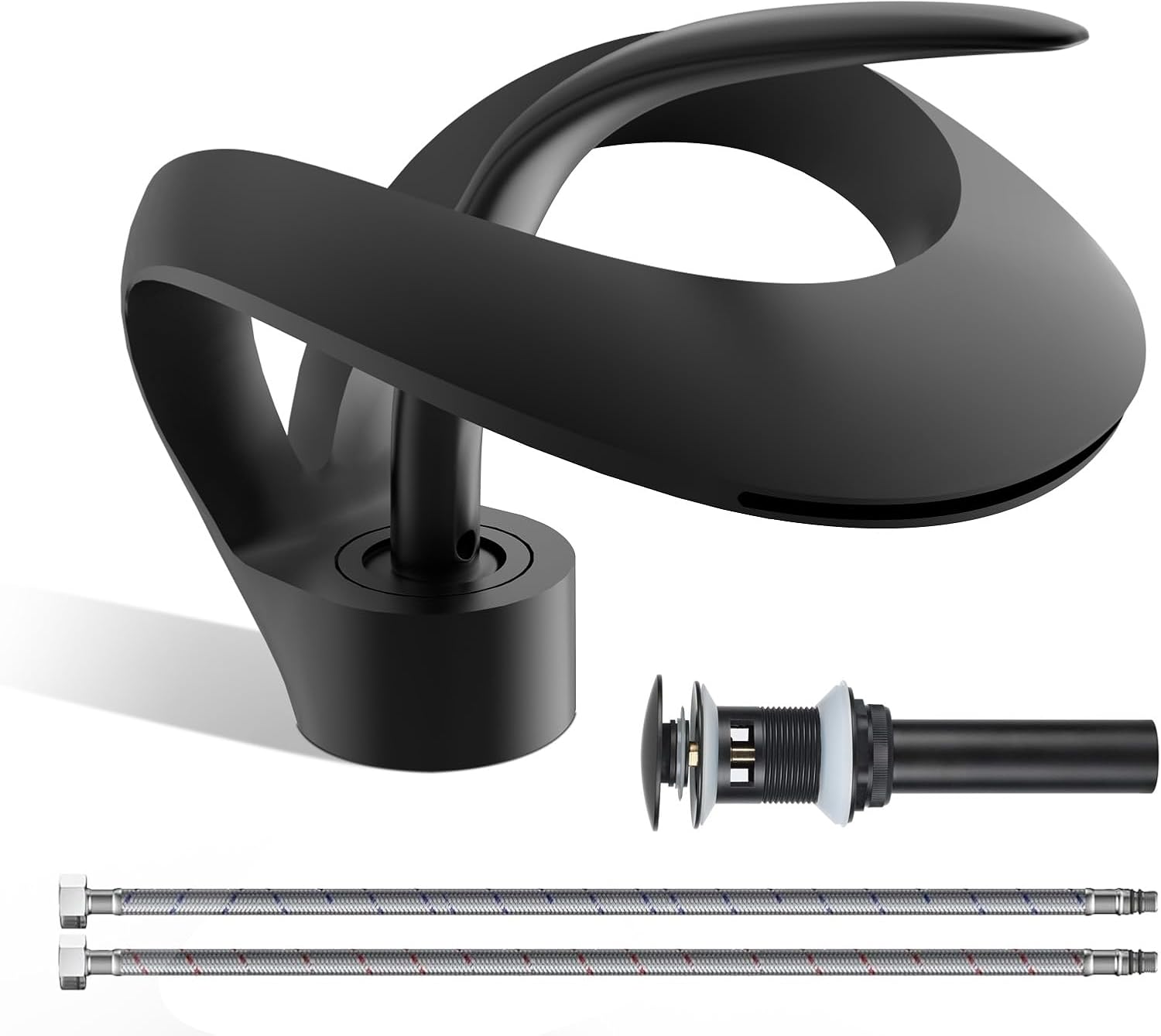 Elegant Bathroom Sink Faucet Single Hole,AUU Waterfall Matte Black Vanity Sink Faucet Solid Brass,Single Handle Basin Tap with Pop Up Drian Deck Plate Supply Line (Black, Short)