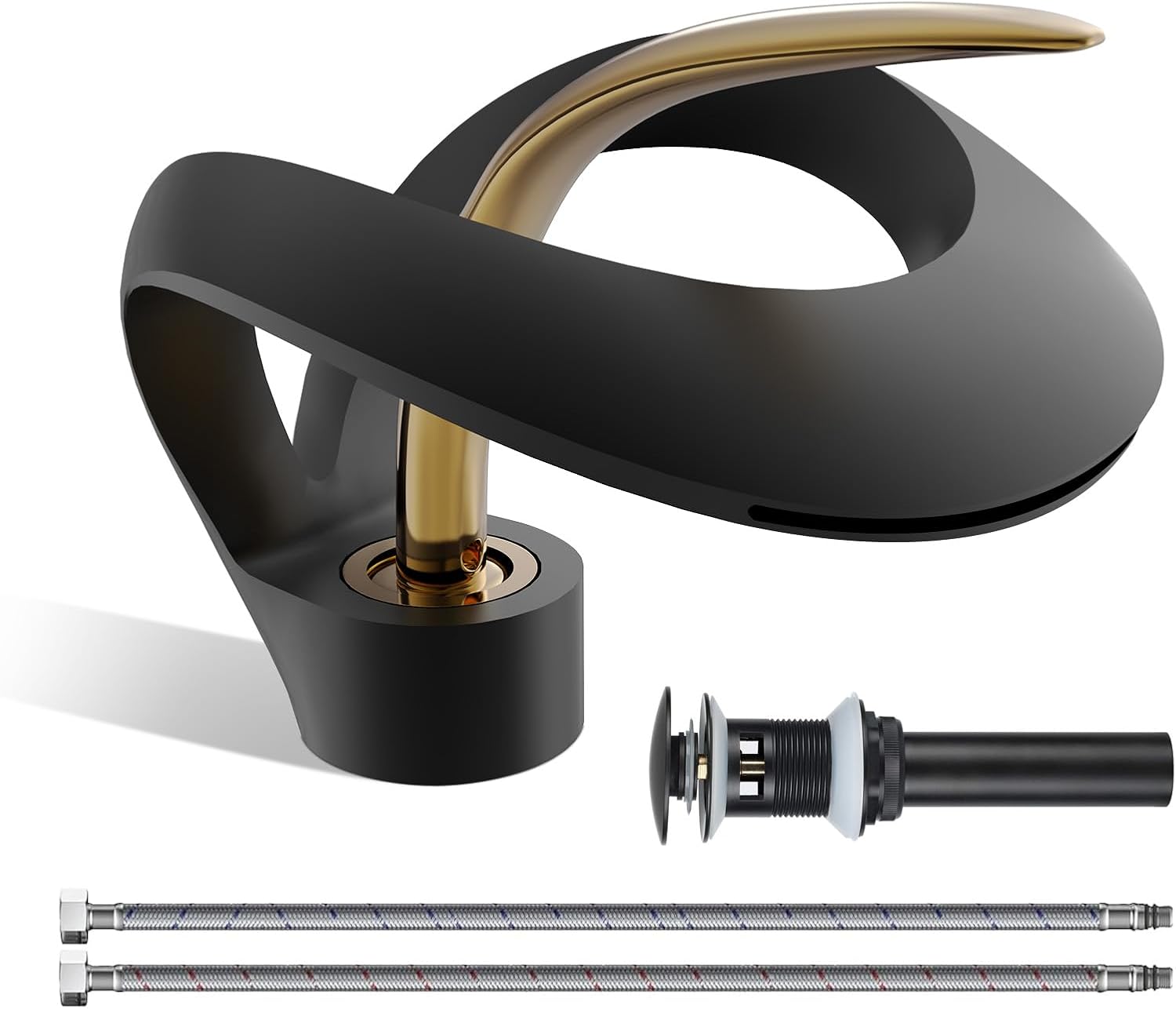 Elegant Bathroom Sink Faucet Single Hole,AUU Waterfall Matte Black Vanity Sink Faucet Solid Brass,Single Handle Basin Tap with Pop Up Drian Deck Plate Supply Line (Black, Short)