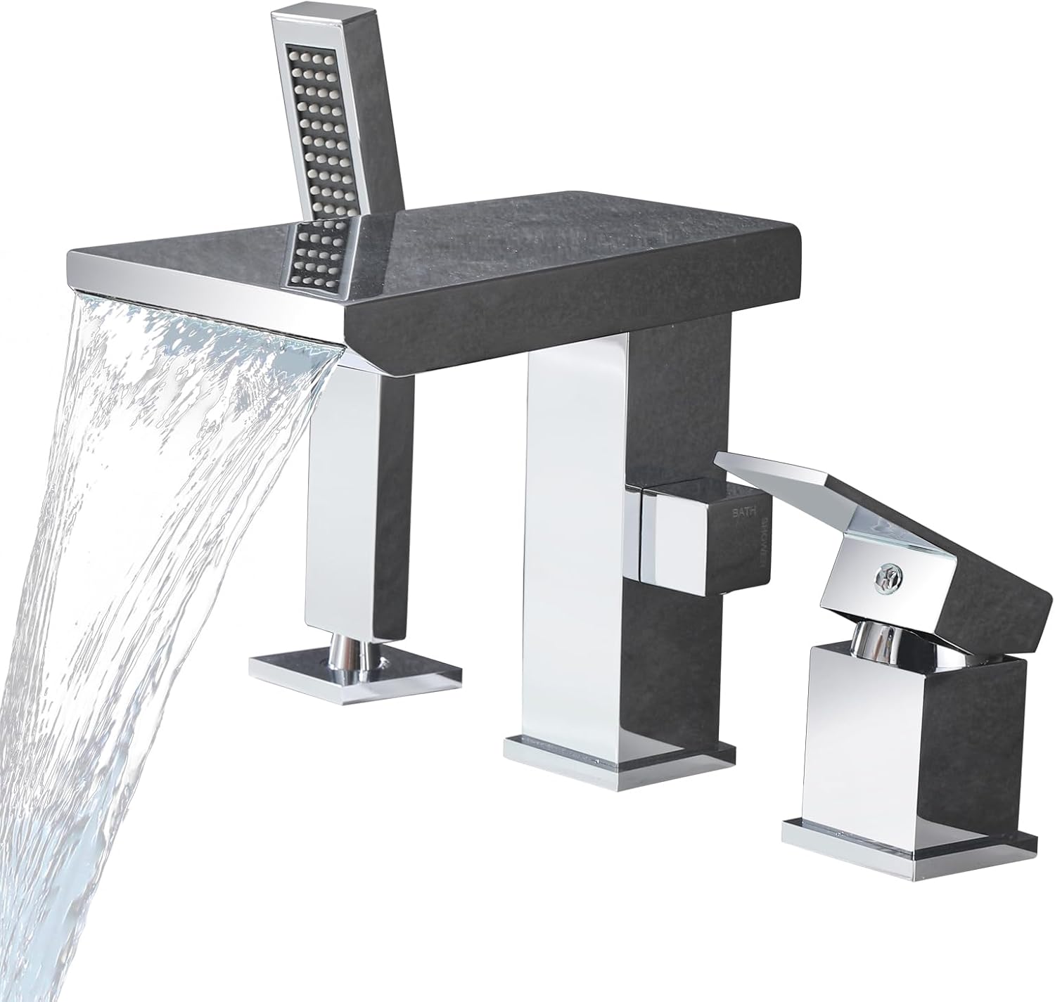 Waterfall Roman Tub Faucet with Hand Shower, Deck Mount Tub Filler Bathtub Faucet with Sprayer, Brass Widespread 3 Hole Bathtub Shower Faucet Set, Matte Black