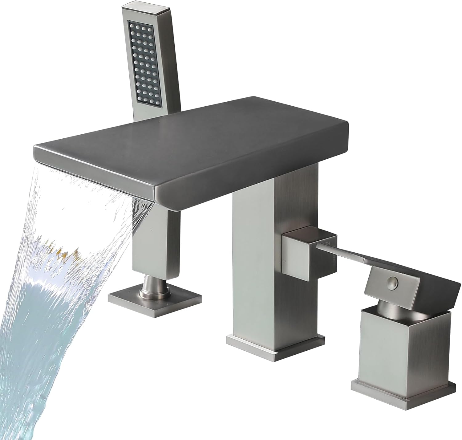 Waterfall Roman Tub Faucet with Hand Shower, Deck Mount Tub Filler Bathtub Faucet with Sprayer, Brass Widespread 3 Hole Bathtub Shower Faucet Set, Matte Black