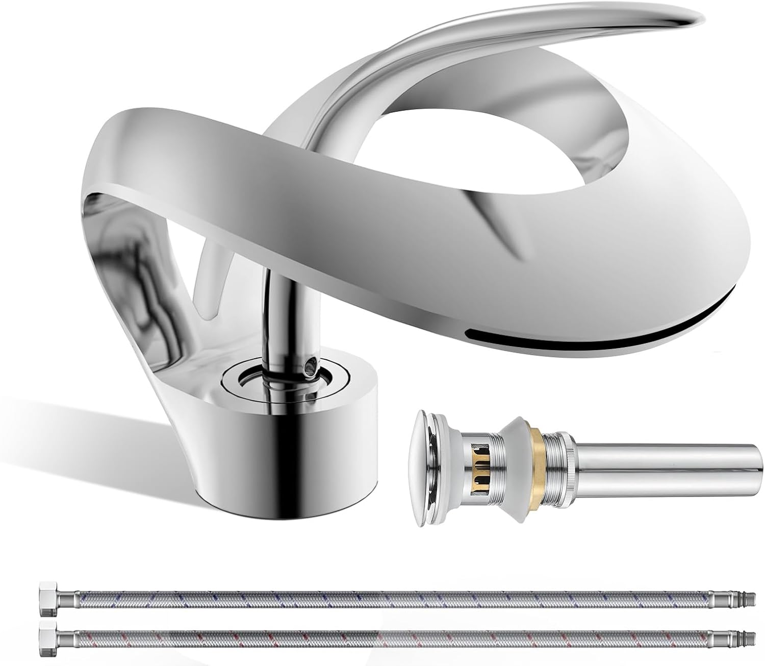 Elegant Bathroom Sink Faucet Single Hole,AUU Waterfall Matte Black Vanity Sink Faucet Solid Brass,Single Handle Basin Tap with Pop Up Drian Deck Plate Supply Line (Black, Short)