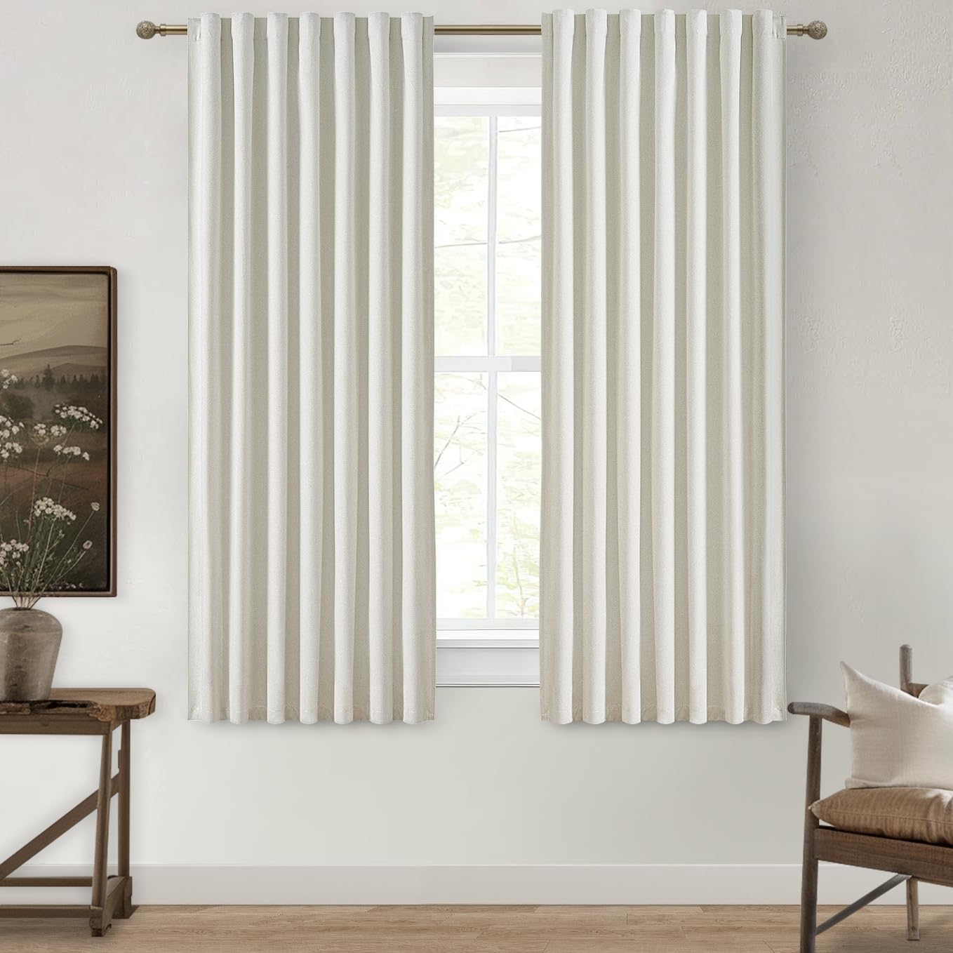 Extra Wide 70 Inch Length Blackout Curtains & Drapes 120 Inches Long 2 Panels Set for Sliding Glass Doors,Modern Pleated Linen Blend Heavy Floor to Ceiling Large Window Drapes(70"Wx120"Lx 2 Natural)