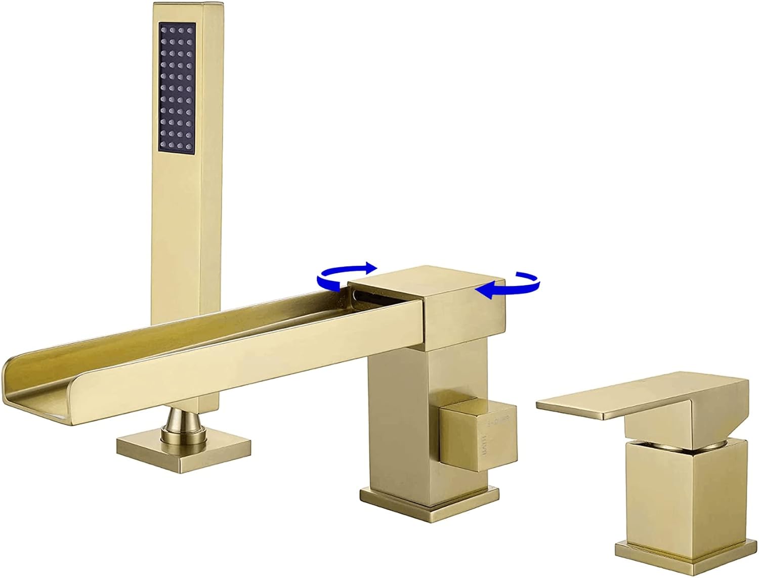 TapLong Waterfall Tub Filler Faucet with HandHeld Shower Widespread Roman Tub Faucet Set, Deck Mount 3-Holes Single-Handle Faucet in Brushed Gold, 03111BG