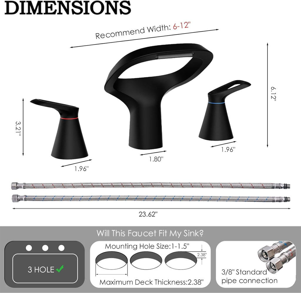 Matte Black Bathroom Faucet 3 Hole, Modern Faucet for Bathroom Sink with Adjustable Spout, Solid Brass 8 Inch Widespread Waterfall Bathroom Faucets with Supply Hoses and 2 Handles for Vanity Sink