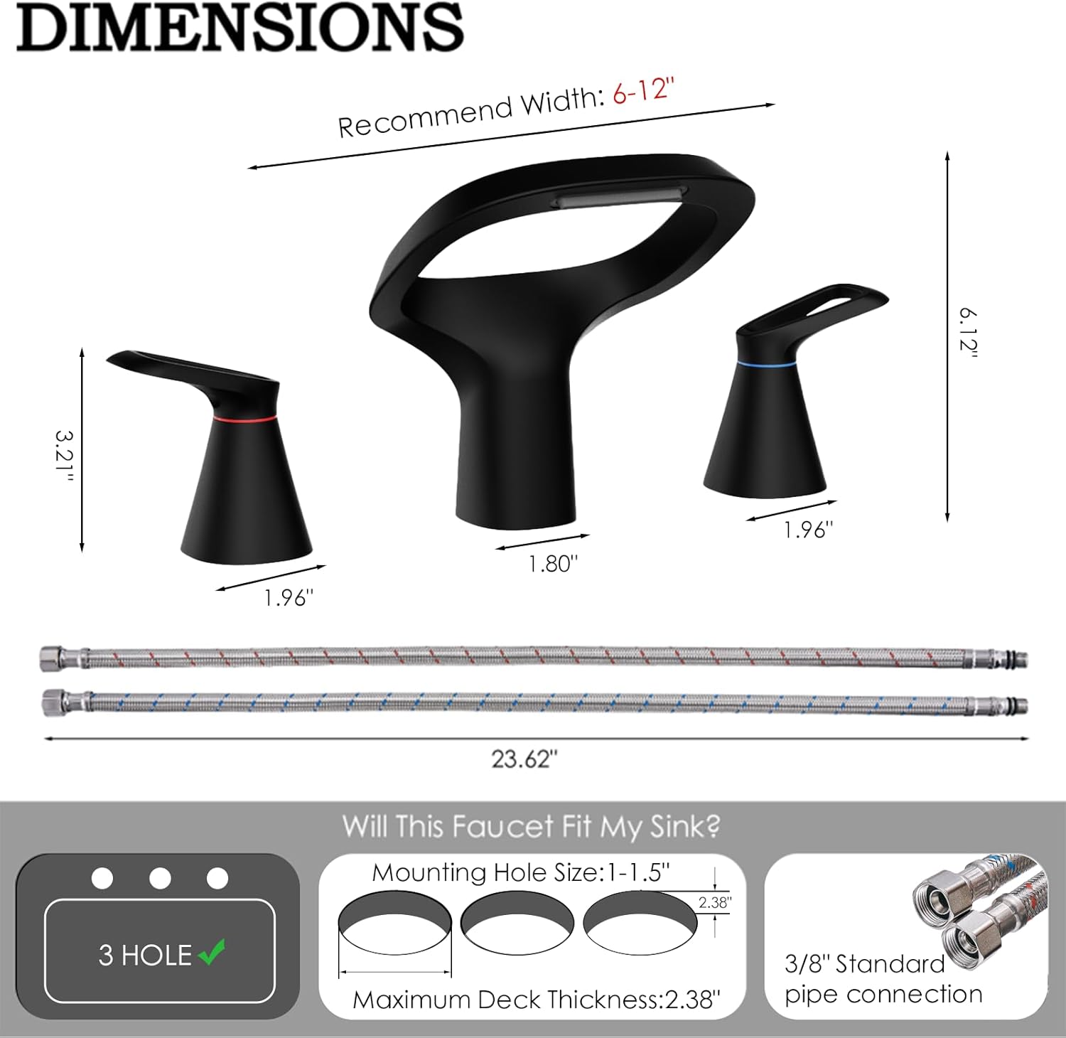 Matte Black Bathroom Faucet 3 Hole, Modern Faucet for Bathroom Sink with Adjustable Spout, Solid Brass 8 Inch Widespread Waterfall Bathroom Faucets with Supply Hoses and 2 Handles for Vanity Sink