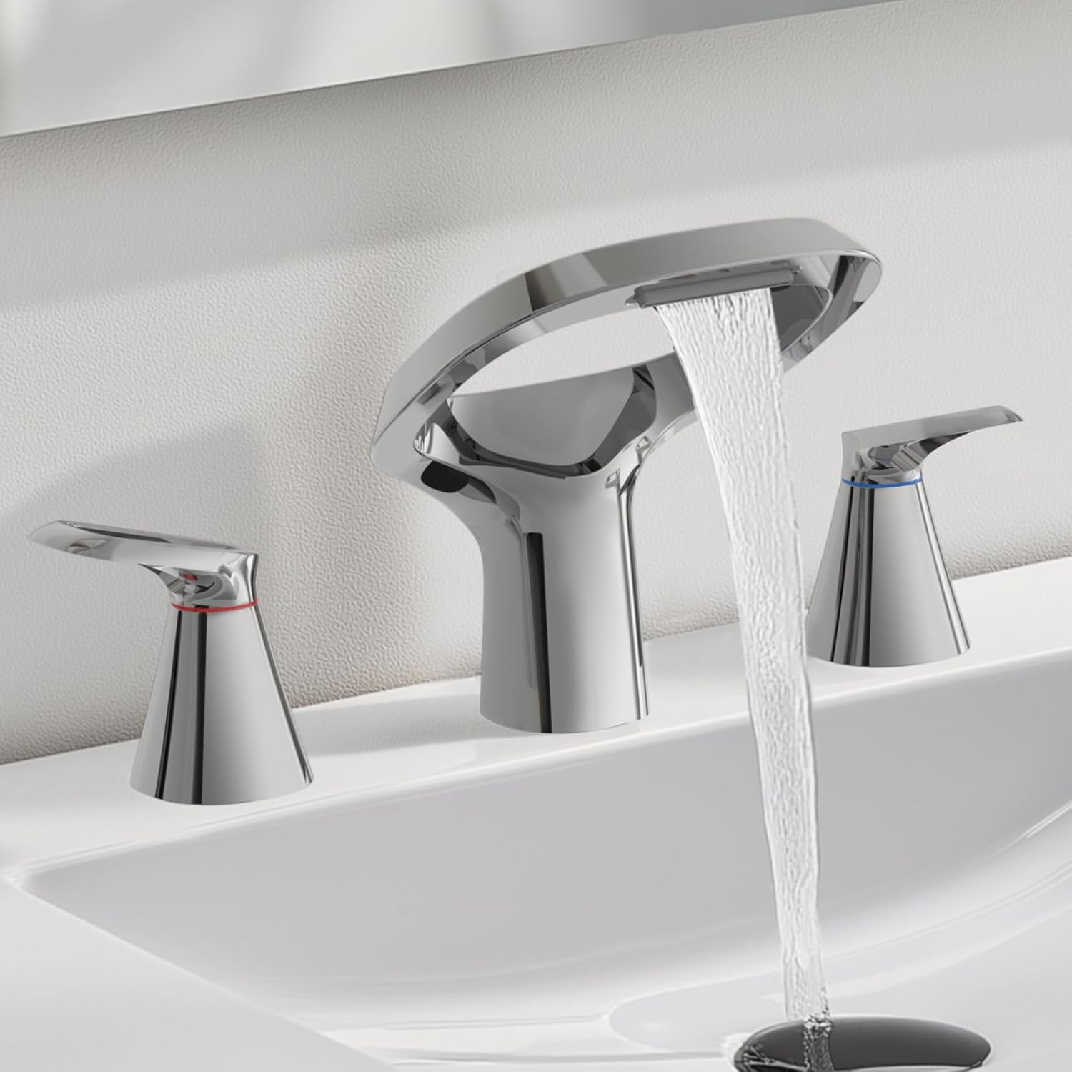 Matte Black Bathroom Faucet 3 Hole, Modern Faucet for Bathroom Sink with Adjustable Spout, Solid Brass 8 Inch Widespread Waterfall Bathroom Faucets with Supply Hoses and 2 Handles for Vanity Sink