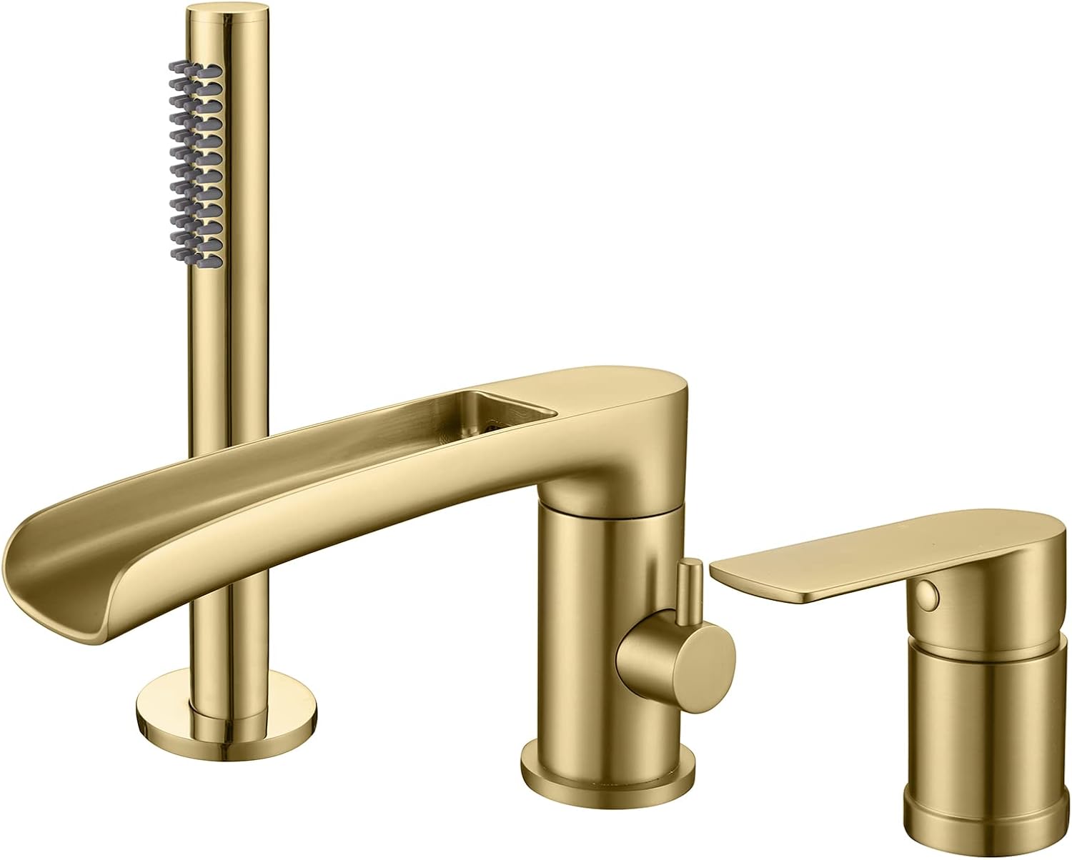 TapLong Waterfall Tub Filler Faucet with HandHeld Shower Widespread Roman Tub Faucet Set, Deck Mount 3-Holes Single-Handle Faucet in Brushed Gold, 03111BG