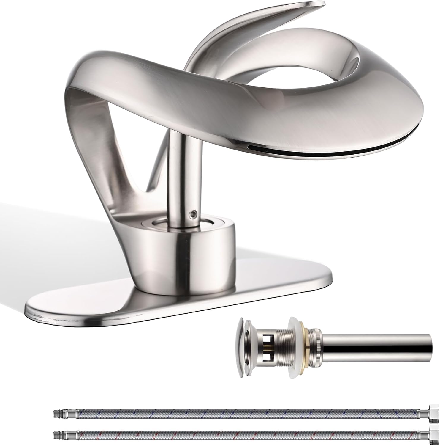 Elegant Bathroom Sink Faucet Single Hole,AUU Waterfall Matte Black Vanity Sink Faucet Solid Brass,Single Handle Basin Tap with Pop Up Drian Deck Plate Supply Line (Black, Short)