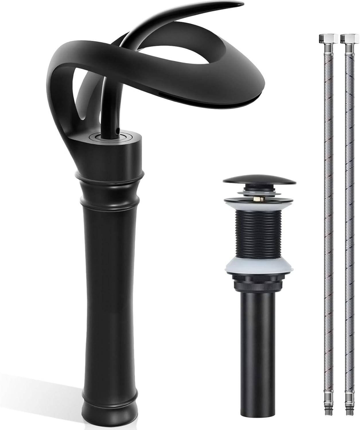 Elegant Bathroom Sink Faucet Single Hole,AUU Waterfall Matte Black Vanity Sink Faucet Solid Brass,Single Handle Basin Tap with Pop Up Drian Deck Plate Supply Line (Black, Short)