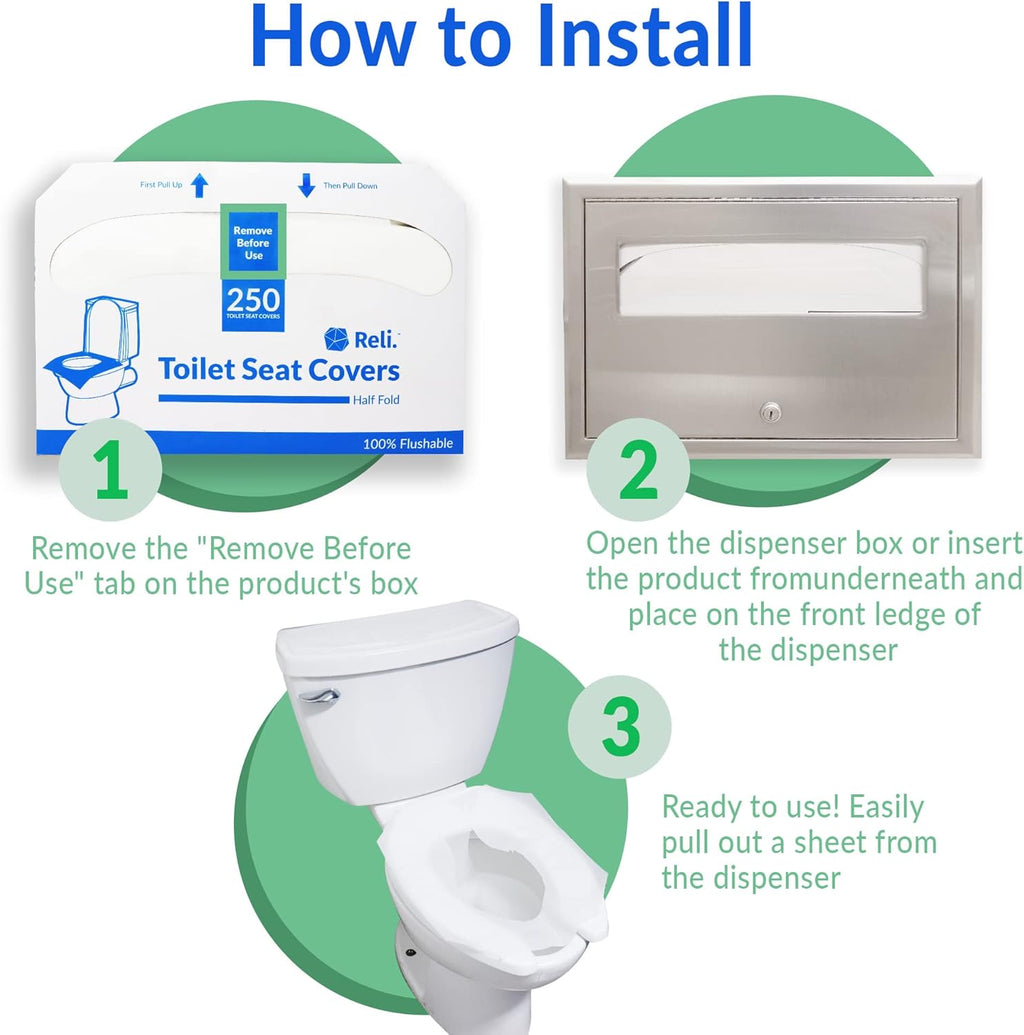 Reli. Toilet Seat Covers (2000 Pcs, 8 Packs of 250) | Disposable Toilet Seat Cover - Flushable - 14x16" (Half-Fold) | Paper Liners for Restroom, Bathroom, Travel, Camping, Kids Potty Training