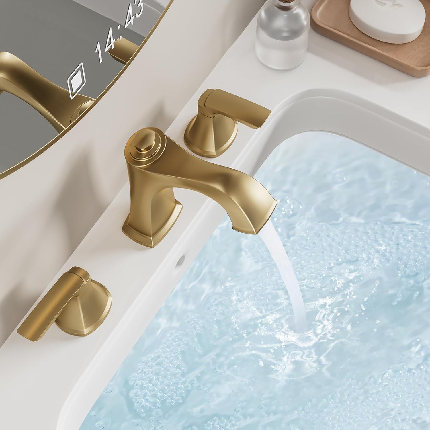 Widespread Bathroom Faucet 3 Hole, Brushed Gold 4-16 Inch Bathroom Sink Faucets, Two Handle Vanity Faucet 3 Holes with Drain Assembly, Brushed Gold