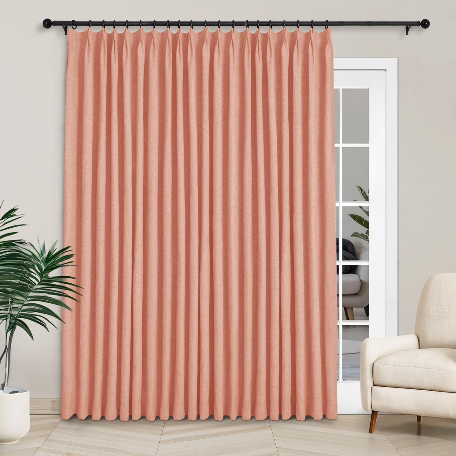 Macochico Extra Wide 100% Blackout Linen Curtains for Sliding Door Pleated Curtains with Hooks Insulated Soft Linen Drapes for Bedroom Living Room with Tieback Sand Beige 100”Wx84”L 1 Panel