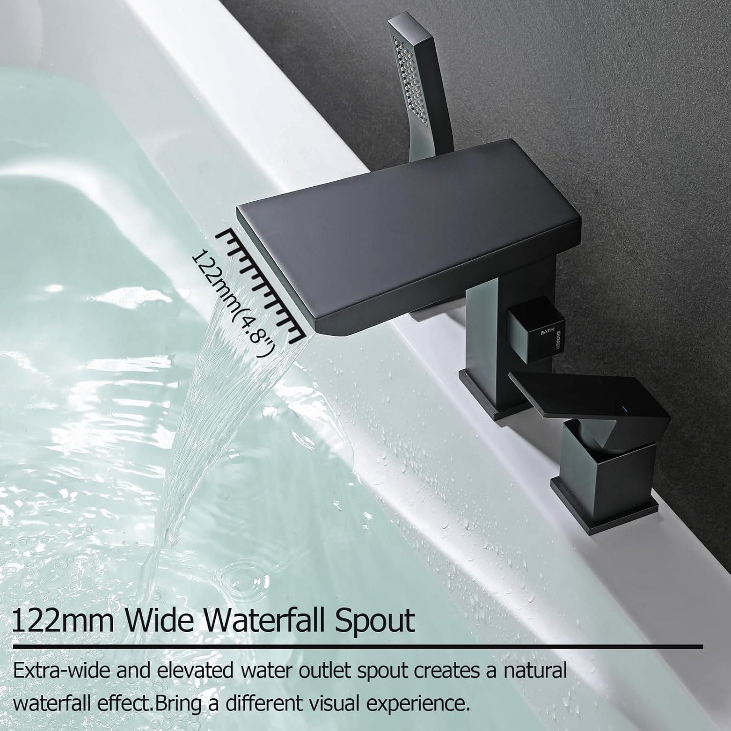 Waterfall Roman Tub Faucet with Hand Shower, Deck Mount Tub Filler Bathtub Faucet with Sprayer, Brass Widespread 3 Hole Bathtub Shower Faucet Set, Matte Black