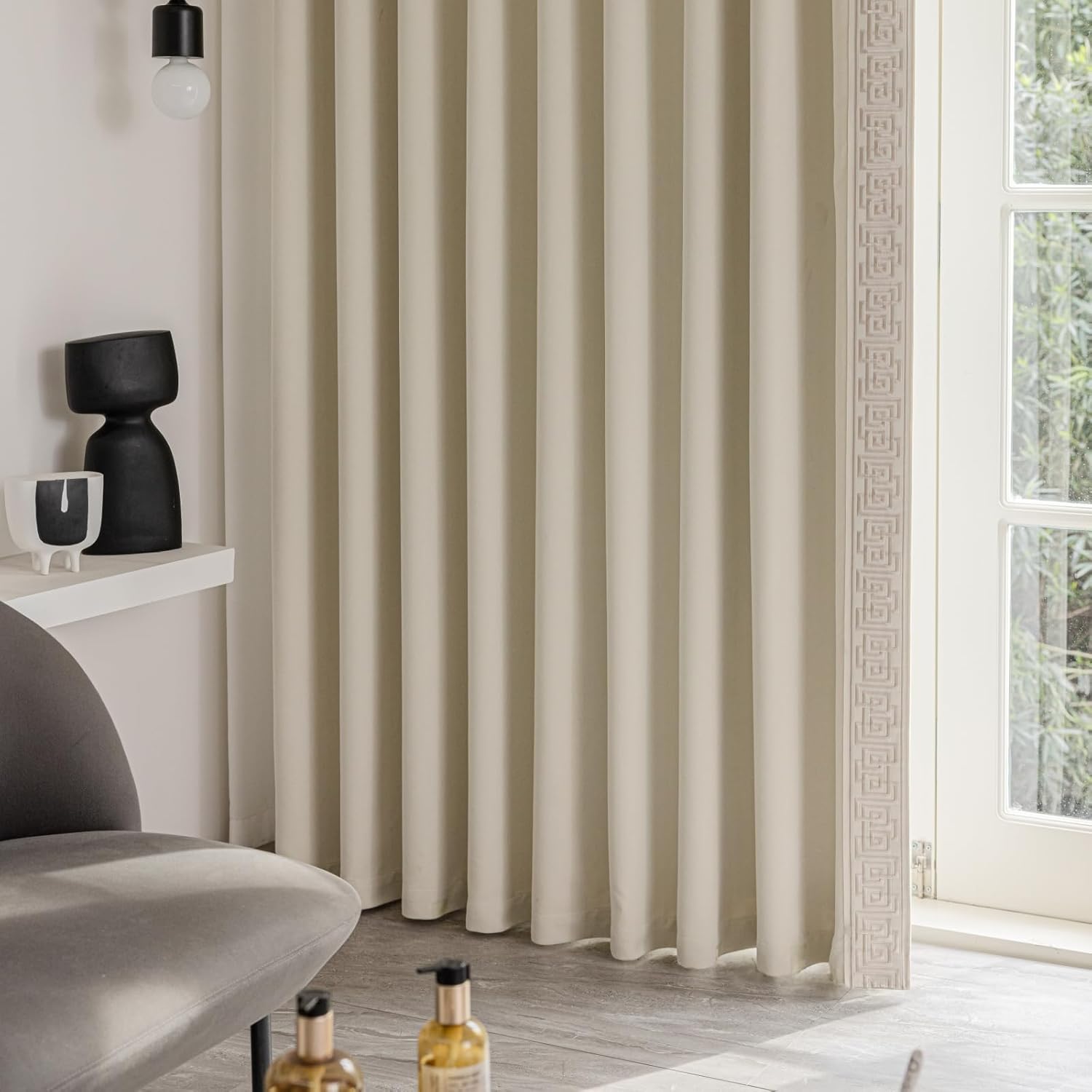 Curtain Panels with Embroidered Design, Tape Trim Drapes Pinch Pleat, Design Curtains for Sliding Patio Doors Bedroom 2Panels (Warm Cream, 50" W x 102" L)