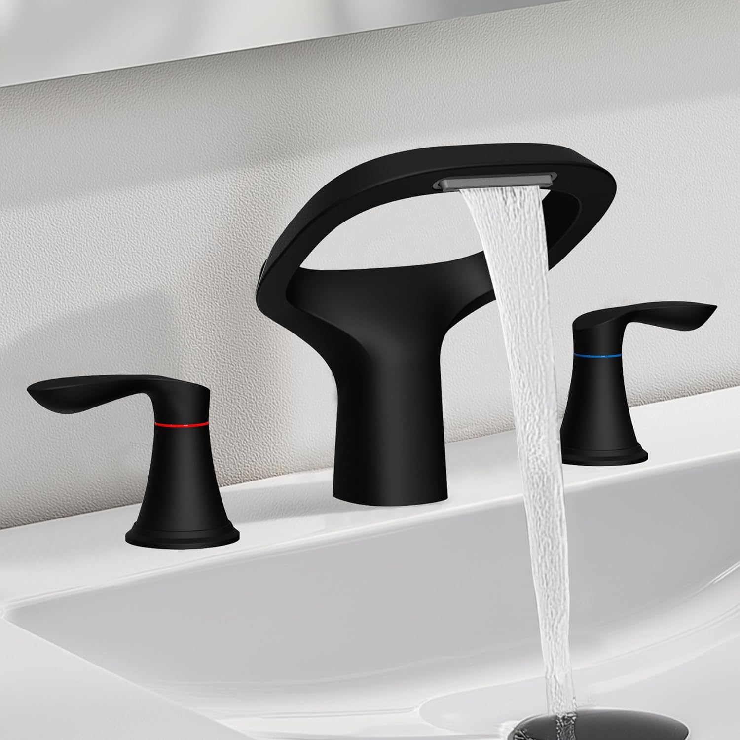 Matte Black Bathroom Faucet 3 Hole, Modern Faucet for Bathroom Sink with Adjustable Spout, Solid Brass 8 Inch Widespread Waterfall Bathroom Faucets with Supply Hoses and 2 Handles for Vanity Sink