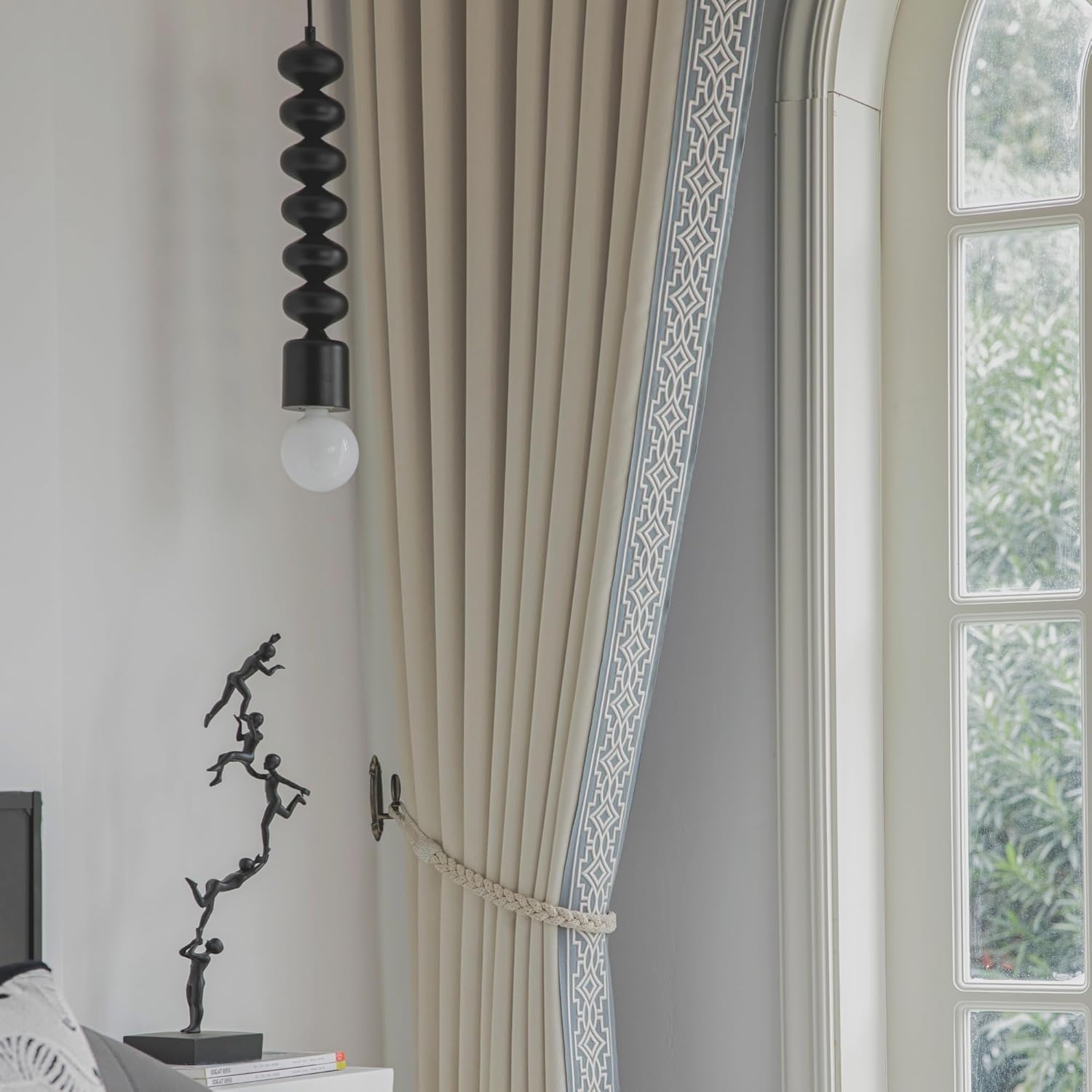 Cream Cotton Blend Curtain Panels with Trim Design, Pinch Pleat Curtains, Blackout Curtains for Sliding Patio Doors Bedroom (Set of 2) (52W x 96L)