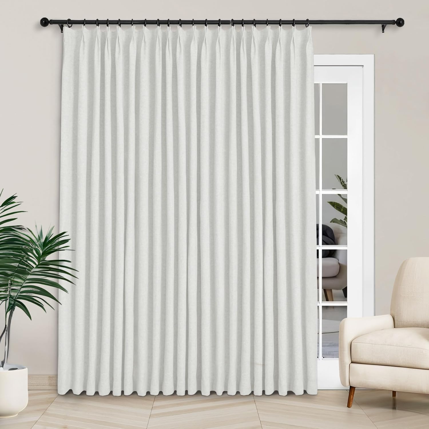 Macochico Extra Wide 100% Blackout Linen Curtains for Sliding Door Pleated Curtains with Hooks Insulated Soft Linen Drapes for Bedroom Living Room with Tieback Sand Beige 100”Wx84”L 1 Panel