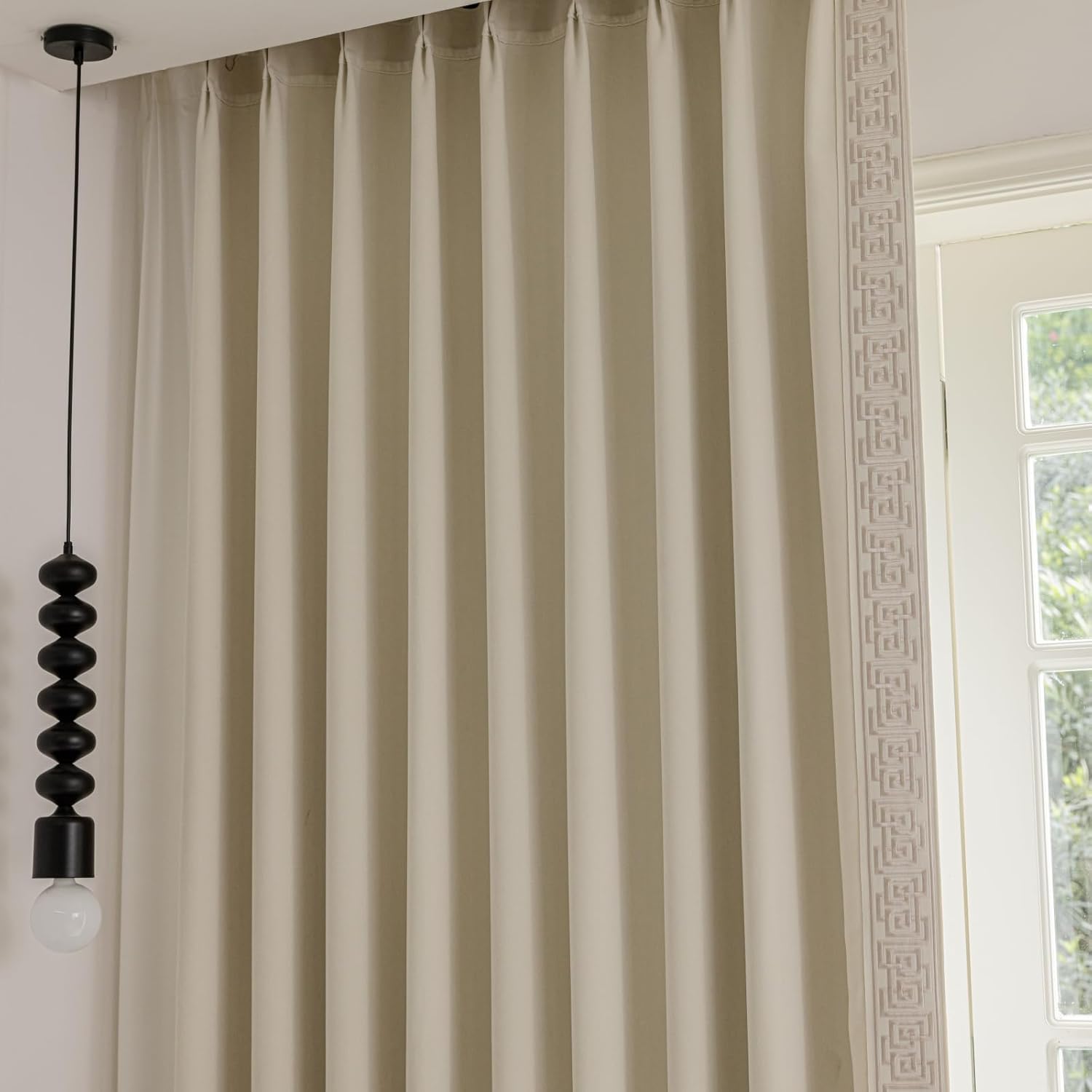Curtain Panels with Embroidered Design, Tape Trim Drapes Pinch Pleat, Design Curtains for Sliding Patio Doors Bedroom 2Panels (Warm Cream, 50" W x 102" L)