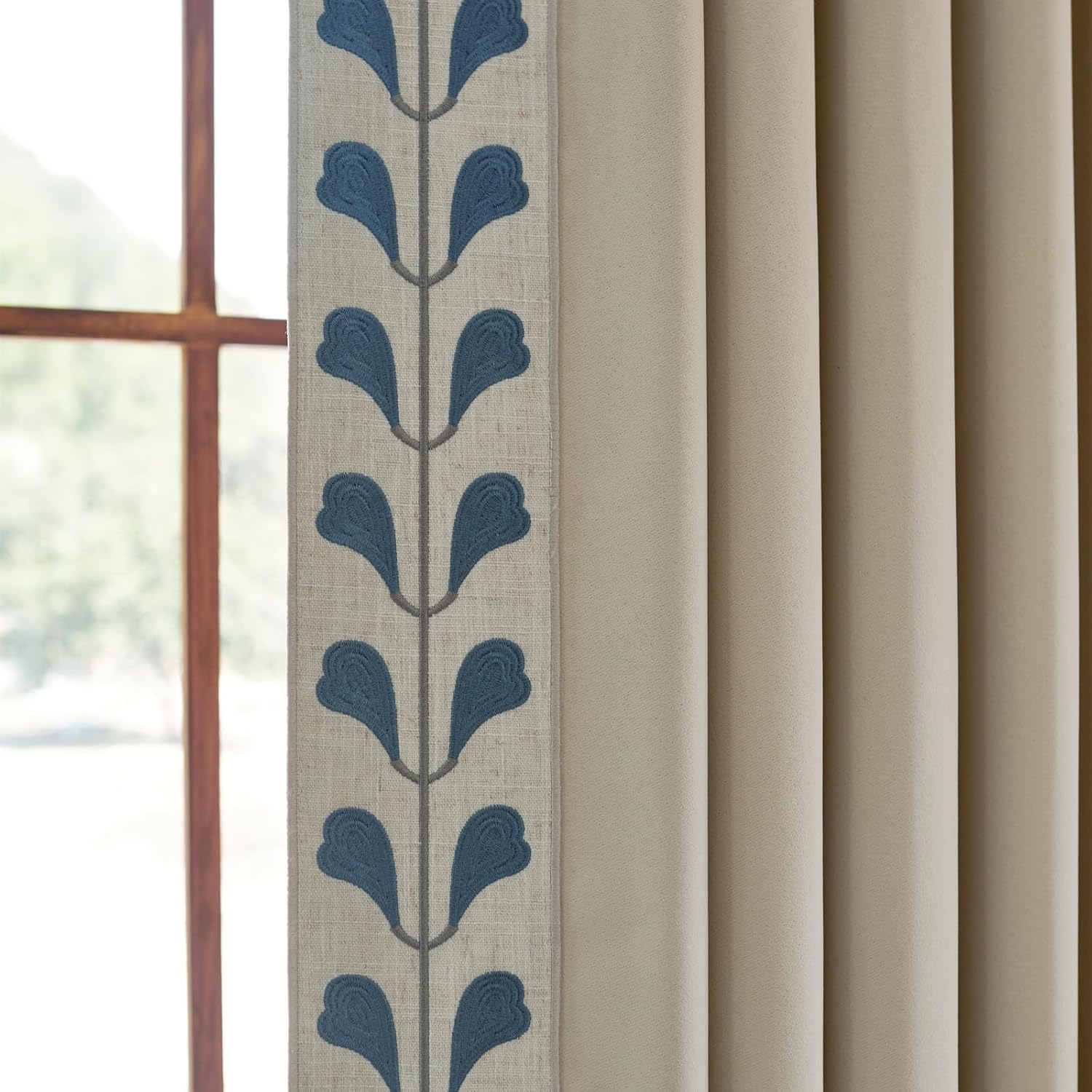 White Linen Curtain Panels with Embroidered Trim Design, Pinch Pleat Curtains, Semi-Sheer Curtains for Sliding Patio Doors Bedroom (2 Panels) (50W x 84L)