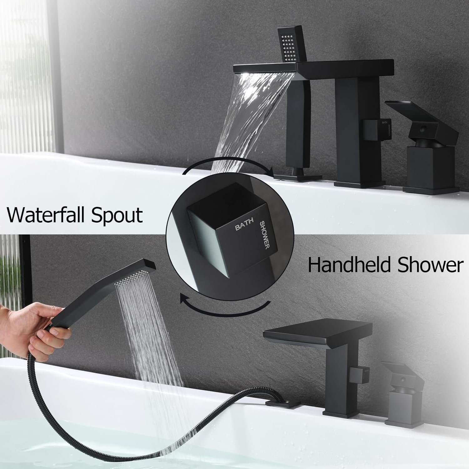Waterfall Roman Tub Faucet with Hand Shower, Deck Mount Tub Filler Bathtub Faucet with Sprayer, Brass Widespread 3 Hole Bathtub Shower Faucet Set, Matte Black