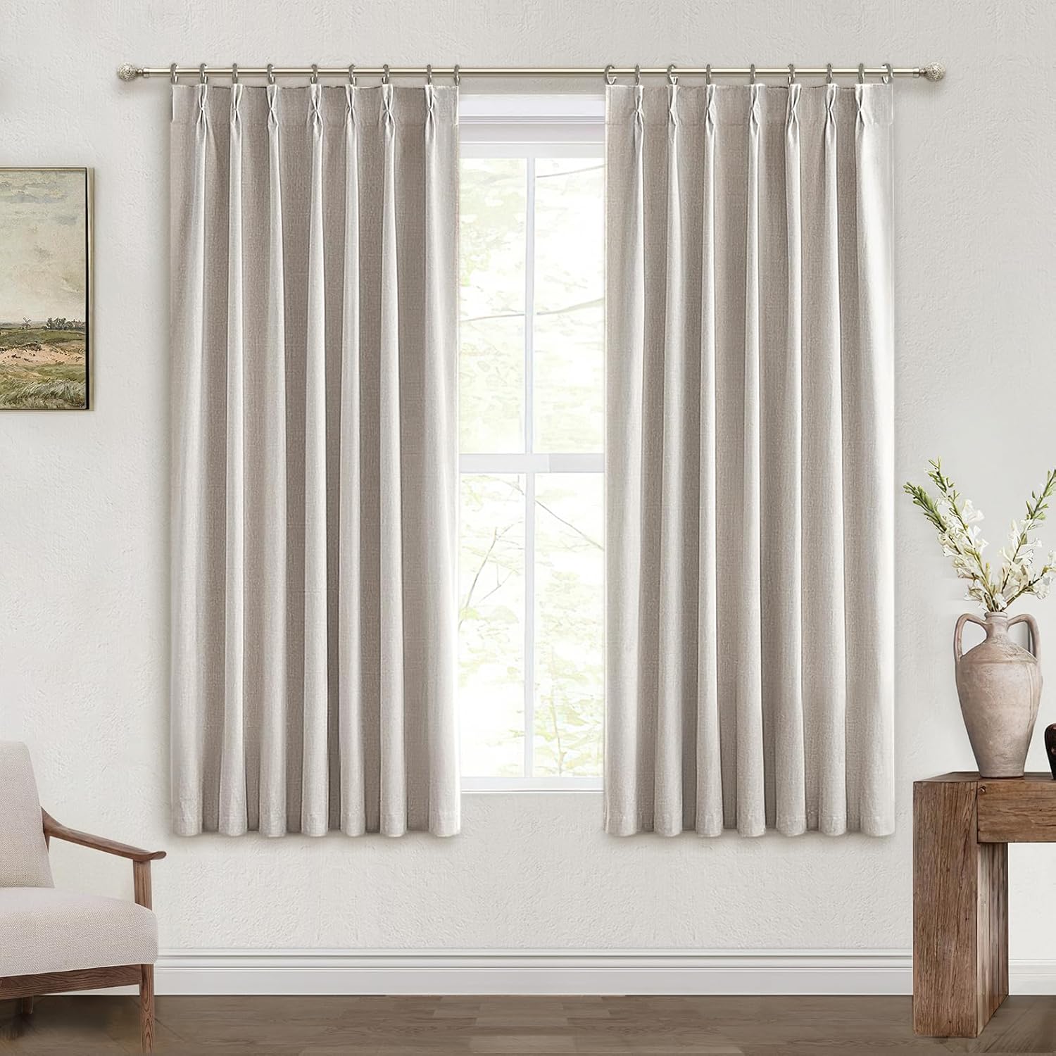 Lush Decor Wide Curtains for Windows 120 to 140 Blackout Linen 108 Inches Long, Pinch Pleated Thick 70 Inch Extra Wide Patio Door Curtain Panels 2 Set Drapes Floor to Ceiling Drapes Heavy Thermal