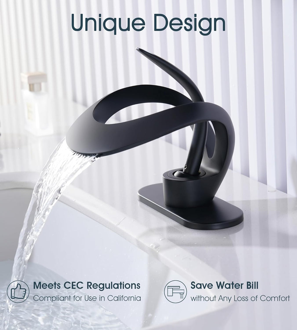 Elegant Bathroom Sink Faucet Single Hole,AUU Waterfall Matte Black Vanity Sink Faucet Solid Brass,Single Handle Basin Tap with Pop Up Drian Deck Plate Supply Line (Black, Short)