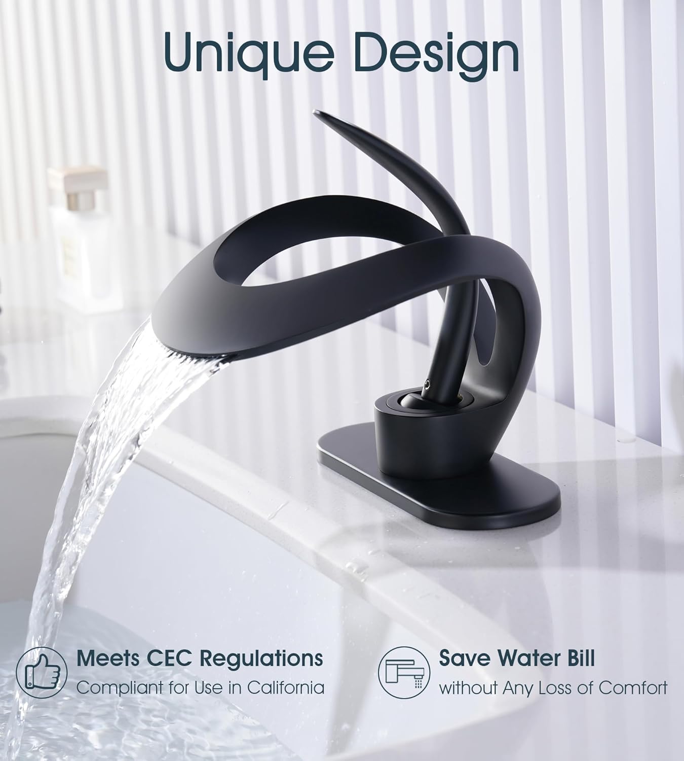 Elegant Bathroom Sink Faucet Single Hole,AUU Waterfall Matte Black Vanity Sink Faucet Solid Brass,Single Handle Basin Tap with Pop Up Drian Deck Plate Supply Line (Black, Short)