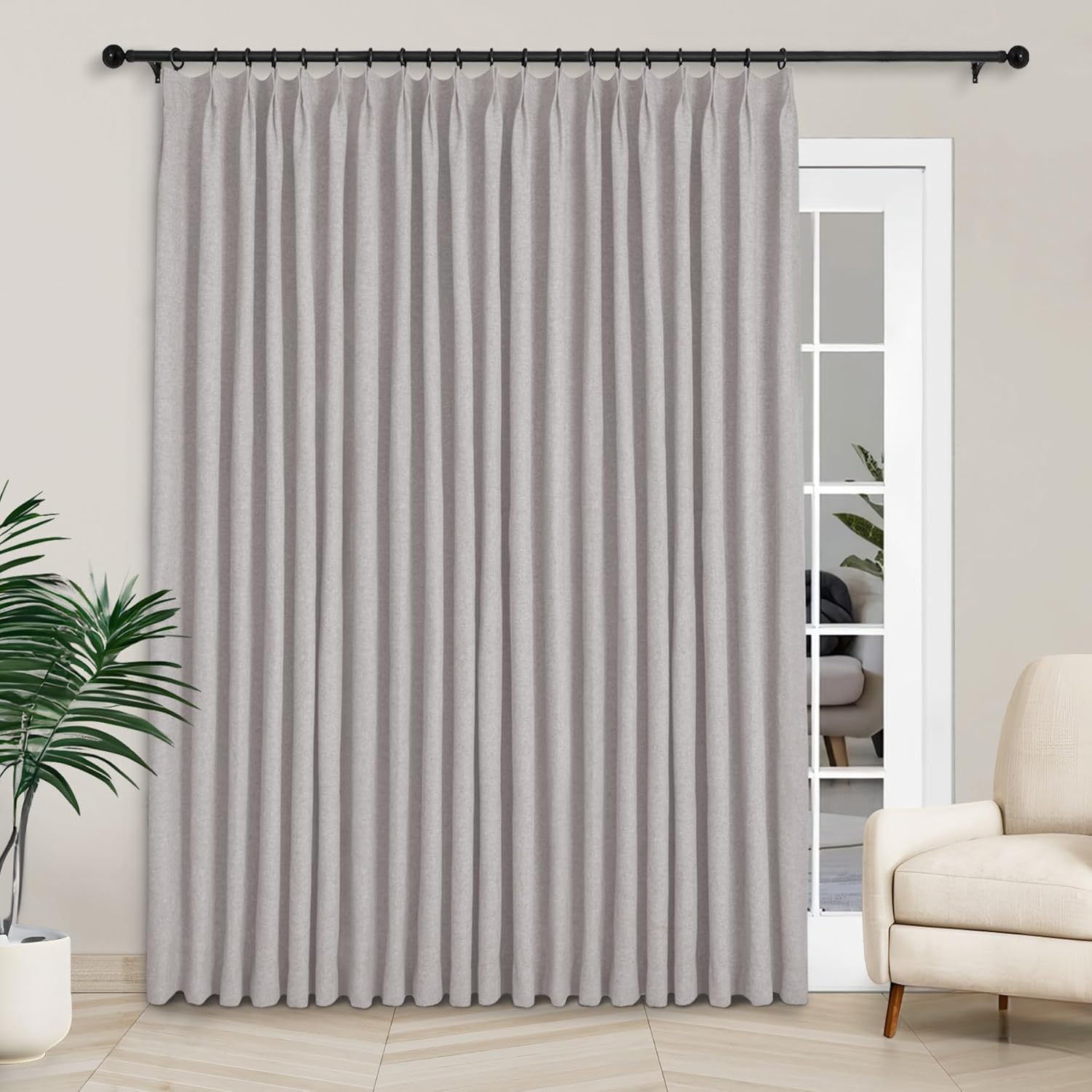 Macochico Extra Wide 100% Blackout Linen Curtains for Sliding Door Pleated Curtains with Hooks Insulated Soft Linen Drapes for Bedroom Living Room with Tieback Sand Beige 100”Wx84”L 1 Panel