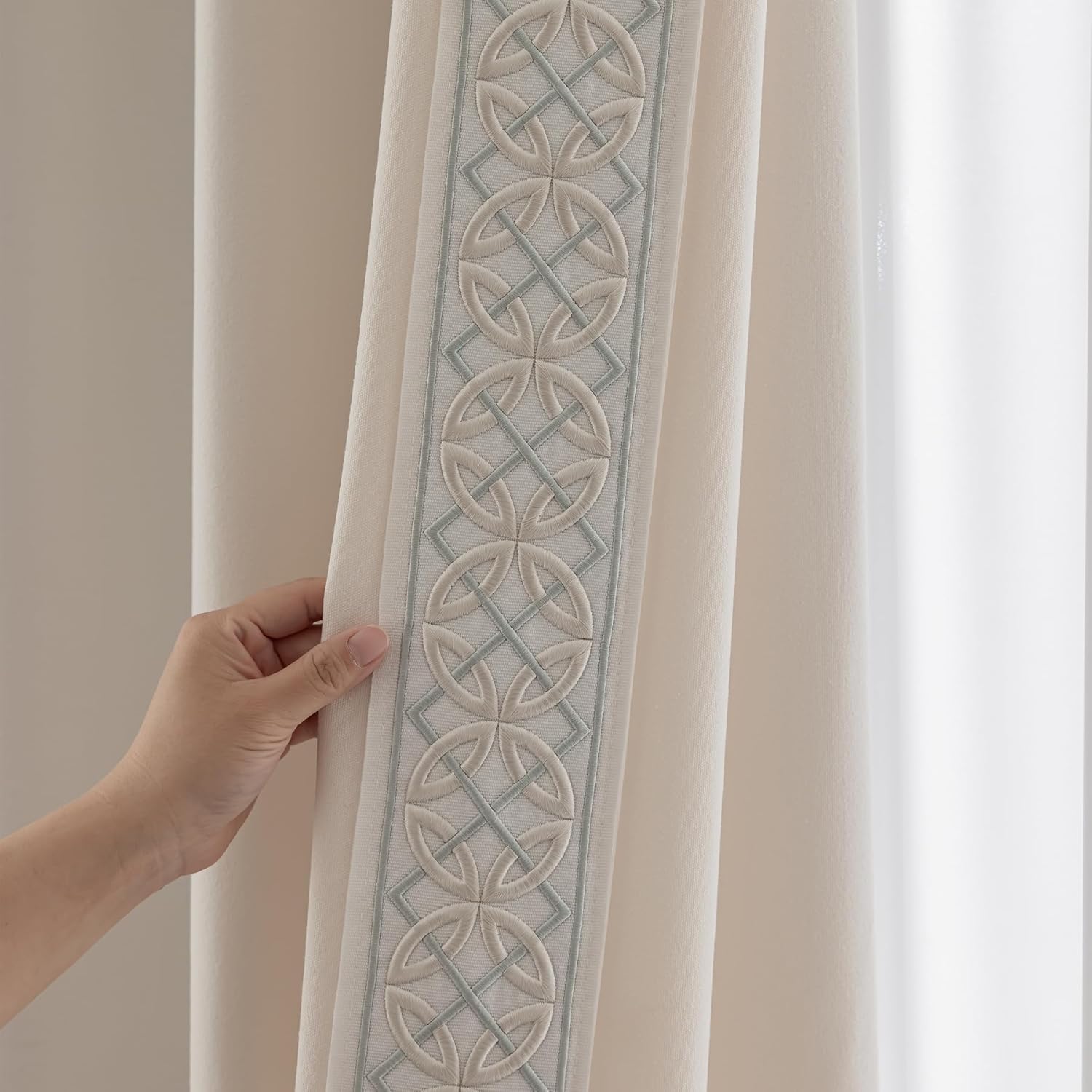 Cotton Linen Curtain Panels, Pinch Pleat, Wrinkle Free, Luxury Drapes with Geometric Tape Trim, for Living Room,Bedroom(50" W x 90" L，2 Panels)