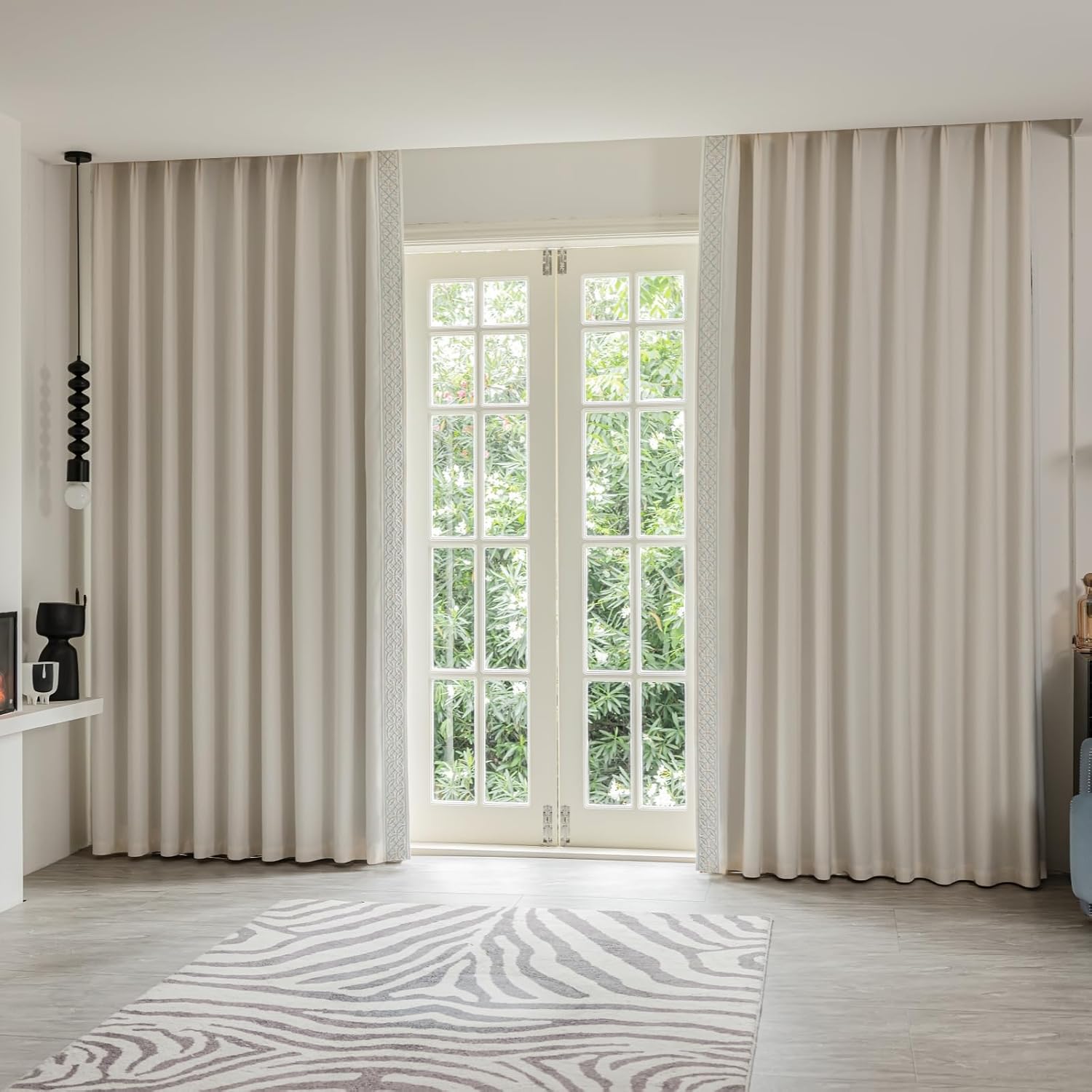 Cotton Linen Curtain Panels, Pinch Pleat, Wrinkle Free, Luxury Drapes with Geometric Tape Trim, for Living Room,Bedroom(50" W x 90" L，2 Panels)