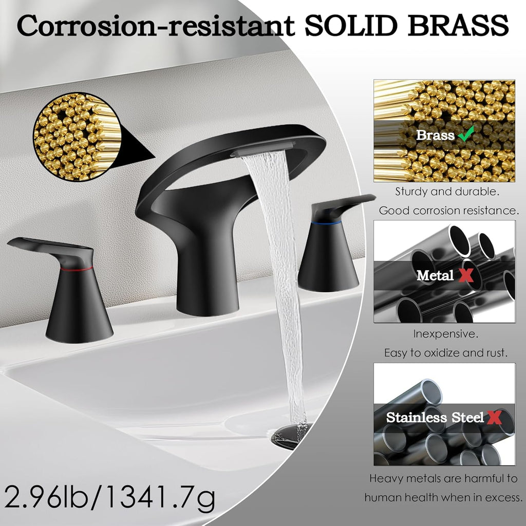 Matte Black Bathroom Faucet 3 Hole, Modern Faucet for Bathroom Sink with Adjustable Spout, Solid Brass 8 Inch Widespread Waterfall Bathroom Faucets with Supply Hoses and 2 Handles for Vanity Sink