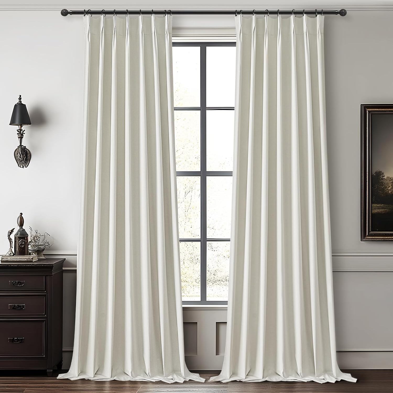 Lush Decor Wide Curtains for Windows 120 to 140 Blackout Linen 108 Inches Long, Pinch Pleated Thick 70 Inch Extra Wide Patio Door Curtain Panels 2 Set Drapes Floor to Ceiling Drapes Heavy Thermal