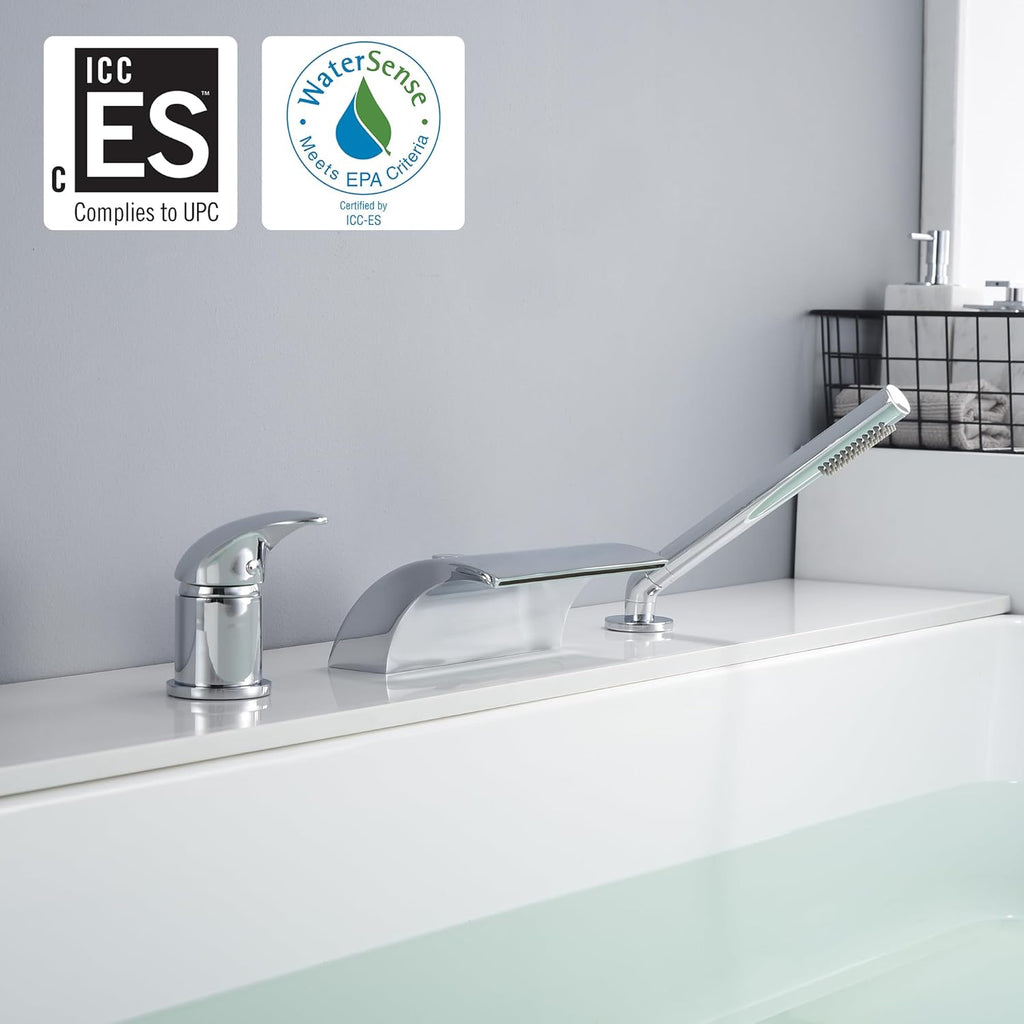 sumerain Waterfall Roman Tub Faucet with Handheld High Flow Chrome finish