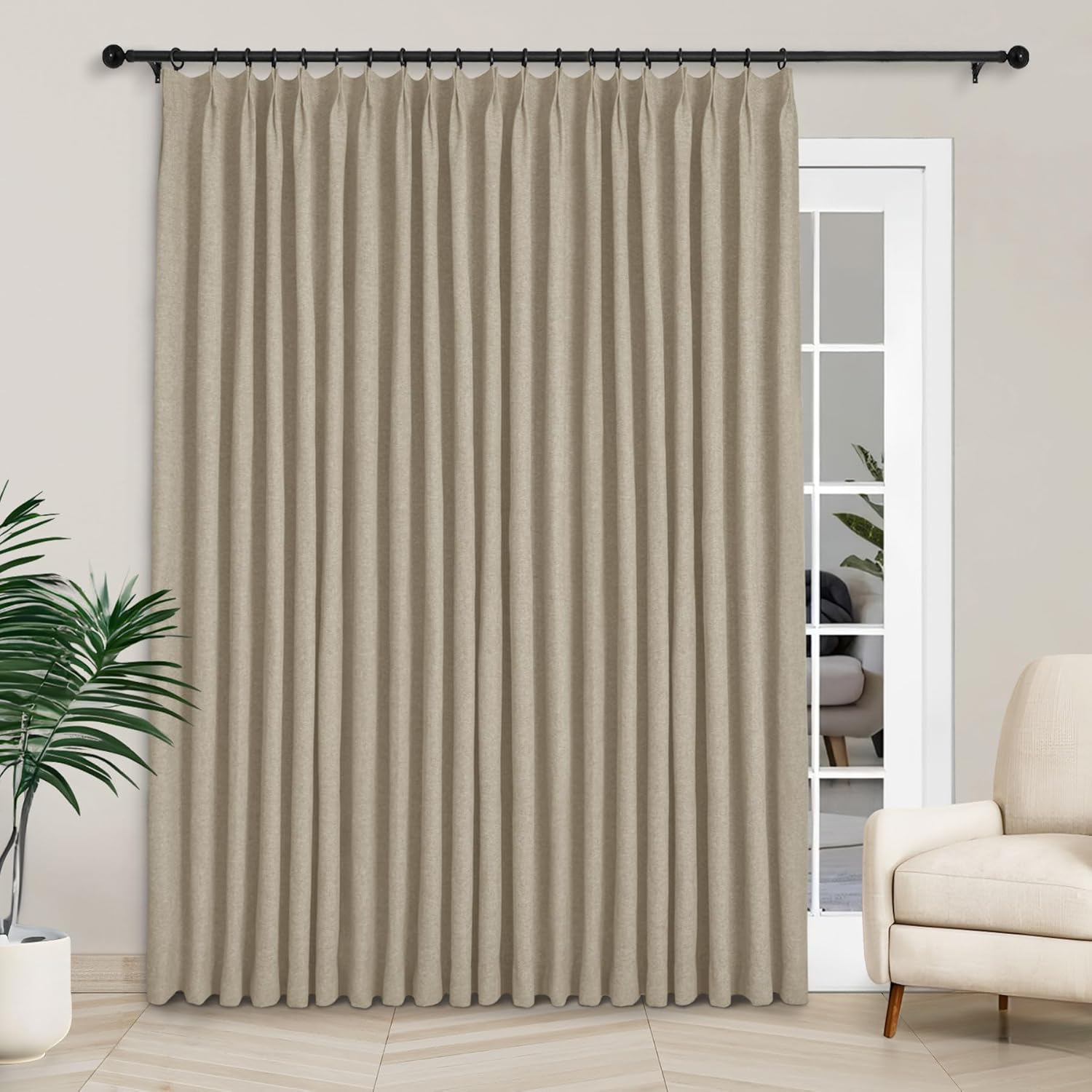 Macochico Extra Wide 100% Blackout Linen Curtains for Sliding Door Pleated Curtains with Hooks Insulated Soft Linen Drapes for Bedroom Living Room with Tieback Sand Beige 100”Wx84”L 1 Panel