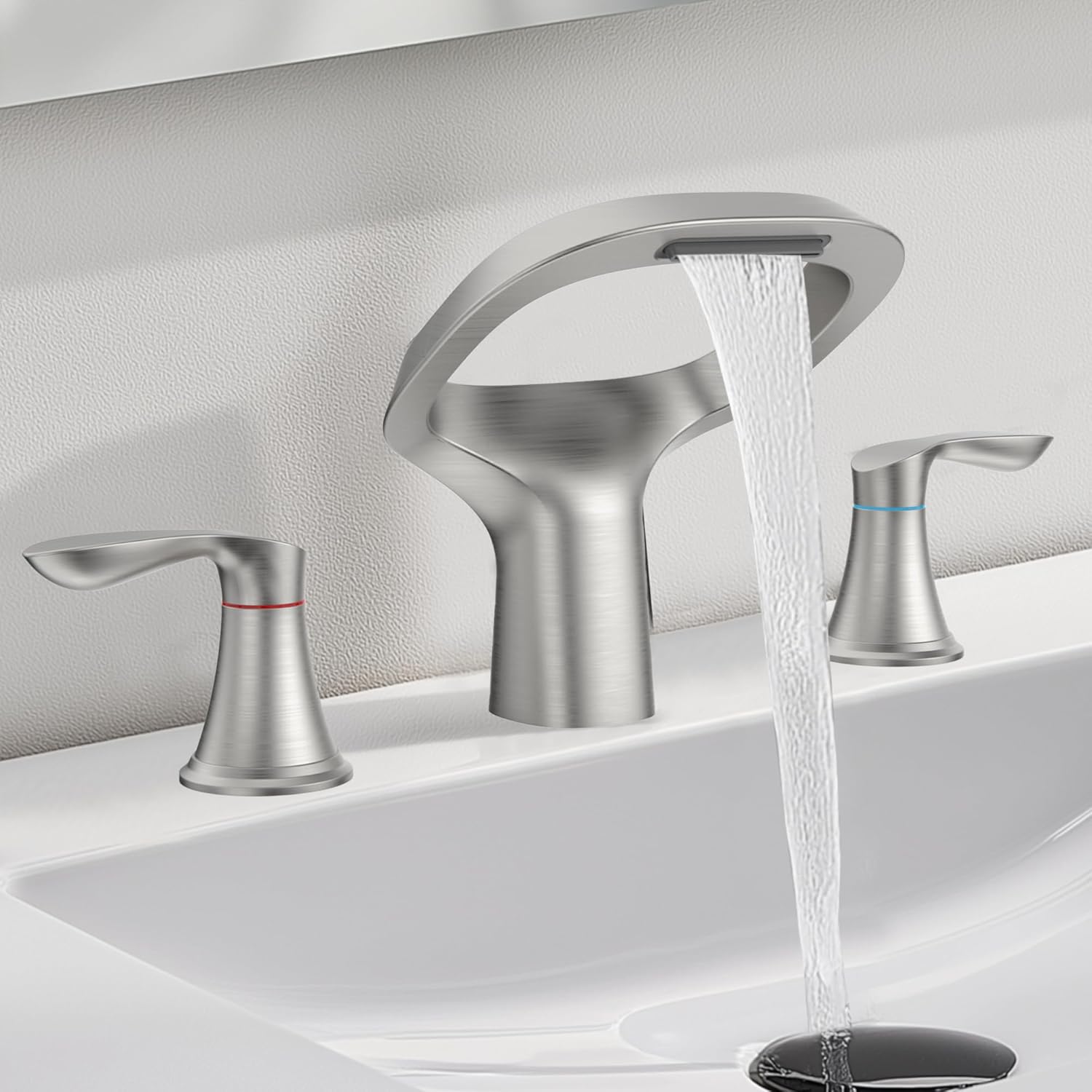 Matte Black Bathroom Faucet 3 Hole, Modern Faucet for Bathroom Sink with Adjustable Spout, Solid Brass 8 Inch Widespread Waterfall Bathroom Faucets with Supply Hoses and 2 Handles for Vanity Sink