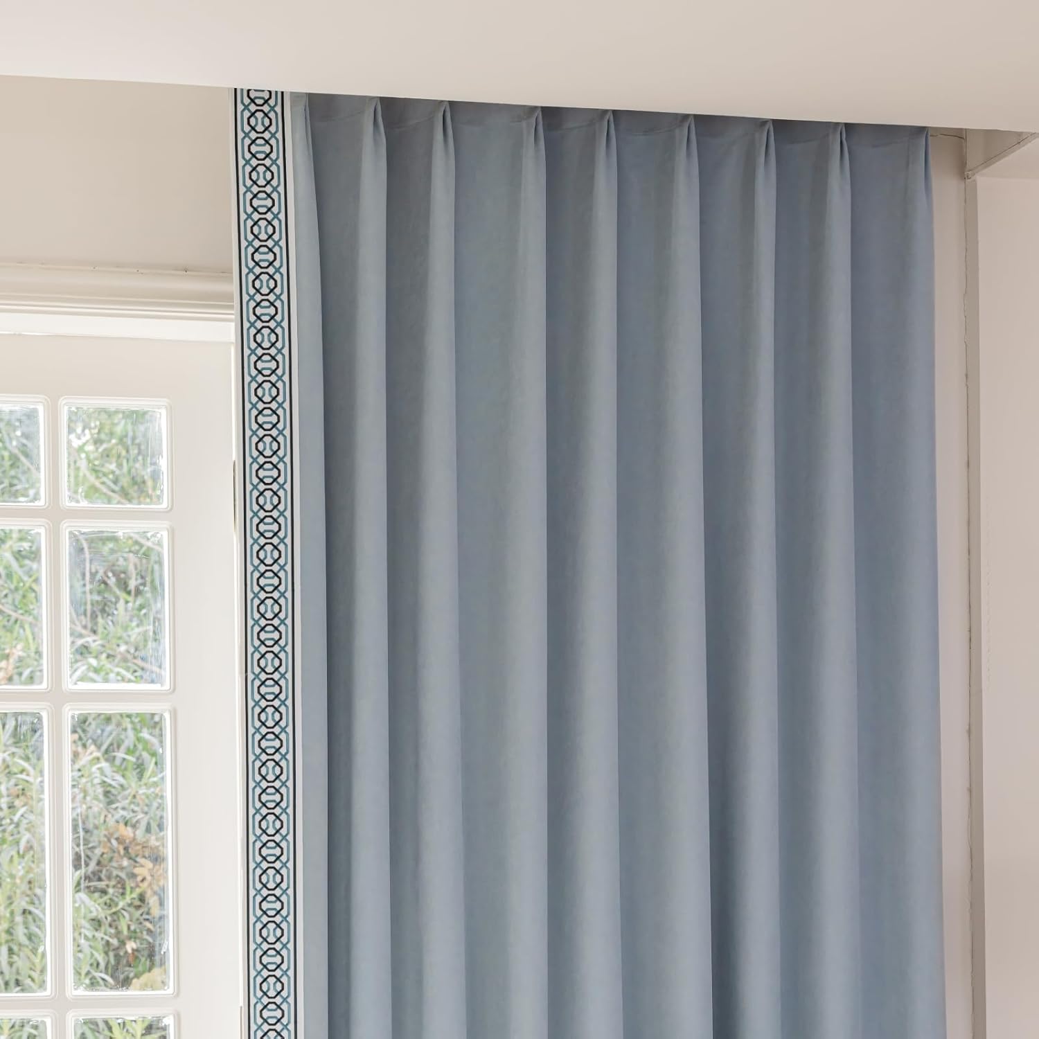 Cotton Linen Curtain Panels, Pinch Pleat, Wrinkle Free, Luxury Drapes with Geometric Tape Trim, for Living Room,Bedroom(50" W x 90" L，2 Panels)