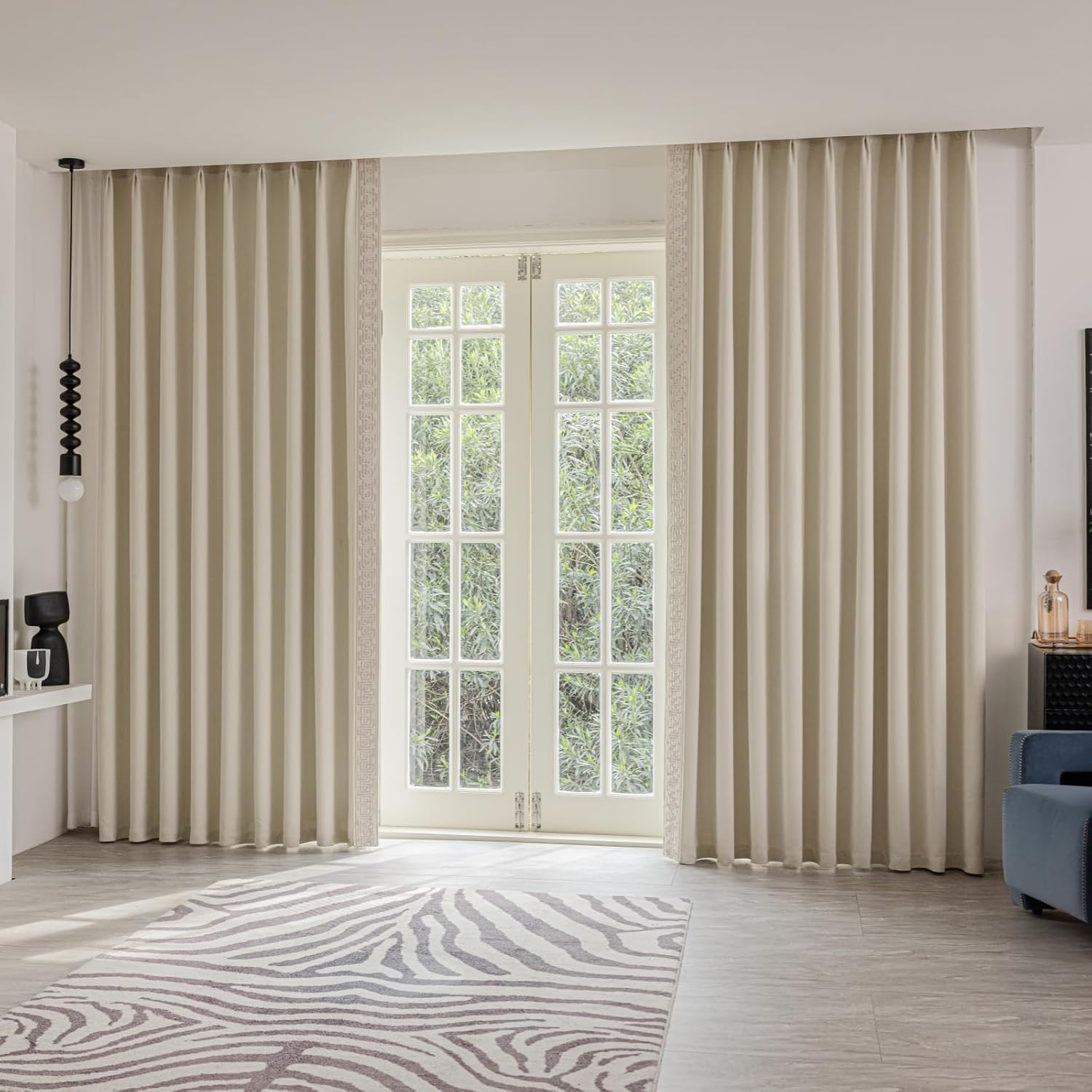 Curtain Panels with Embroidered Design, Tape Trim Drapes Pinch Pleat, Design Curtains for Sliding Patio Doors Bedroom 2Panels (Warm Cream, 50" W x 102" L)