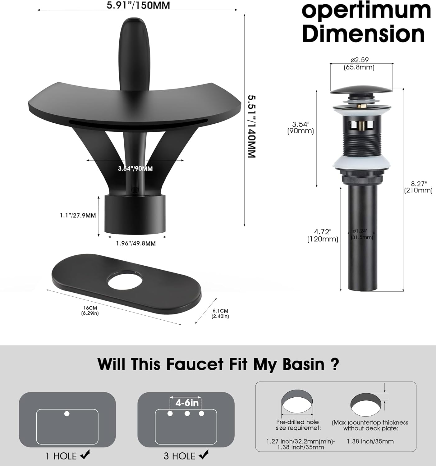 Elegant Bathroom Sink Faucet Single Hole,AUU Waterfall Matte Black Vanity Sink Faucet Solid Brass,Single Handle Basin Tap with Pop Up Drian Deck Plate Supply Line (Black, Short)