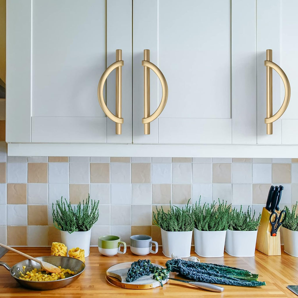 Amerdeco 10 Pack Brushed Gold Cabinet Pulls 5 Inch(128MM) Hole Centers Kitchen Cabinet Handles Hardware Kitchen Handles for Cabinets Cupboard Handles Drawer Pulls