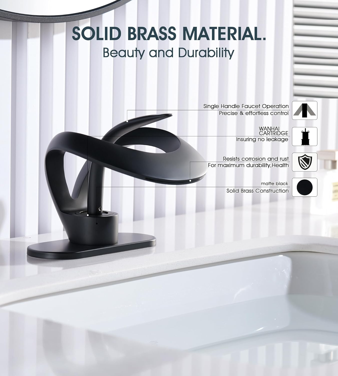 Elegant Bathroom Sink Faucet Single Hole,AUU Waterfall Matte Black Vanity Sink Faucet Solid Brass,Single Handle Basin Tap with Pop Up Drian Deck Plate Supply Line (Black, Short)