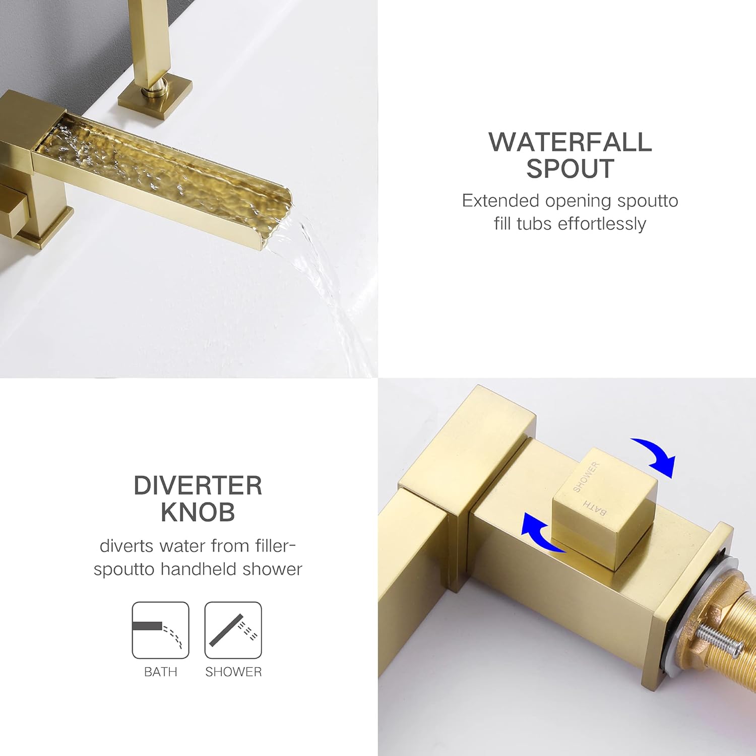 TapLong Waterfall Tub Filler Faucet with HandHeld Shower Widespread Roman Tub Faucet Set, Deck Mount 3-Holes Single-Handle Faucet in Brushed Gold, 03111BG