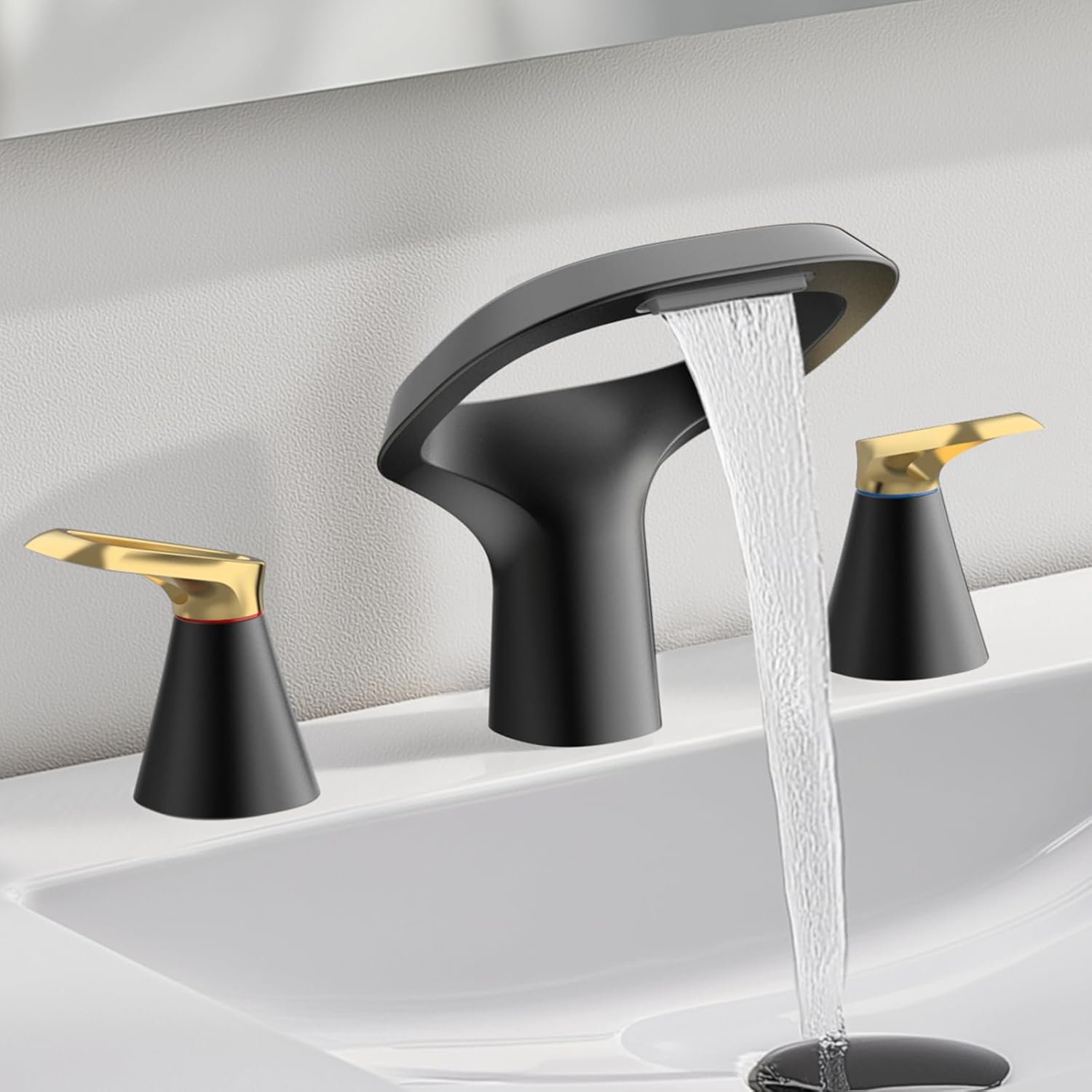 Matte Black Bathroom Faucet 3 Hole, Modern Faucet for Bathroom Sink with Adjustable Spout, Solid Brass 8 Inch Widespread Waterfall Bathroom Faucets with Supply Hoses and 2 Handles for Vanity Sink