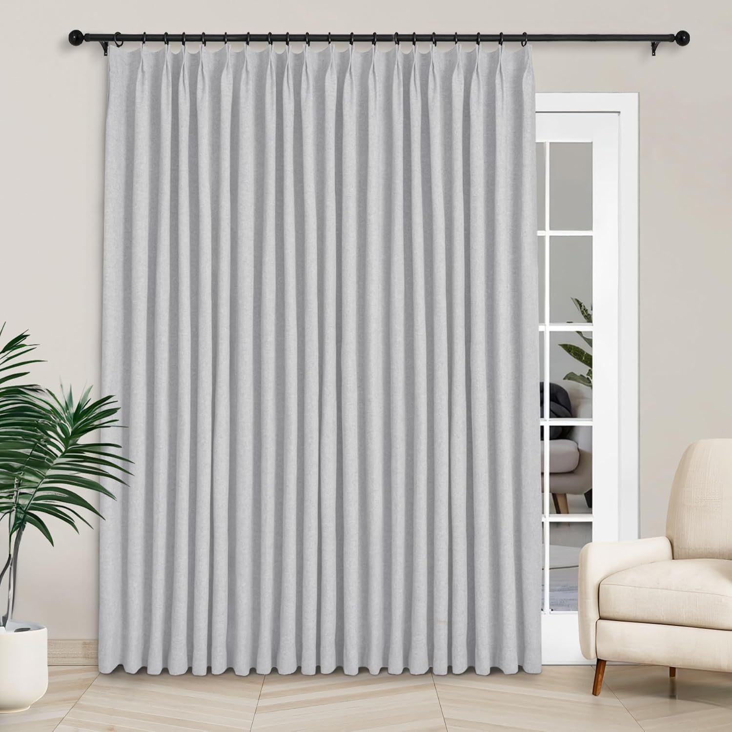 Macochico Extra Wide 100% Blackout Linen Curtains for Sliding Door Pleated Curtains with Hooks Insulated Soft Linen Drapes for Bedroom Living Room with Tieback Sand Beige 100”Wx84”L 1 Panel