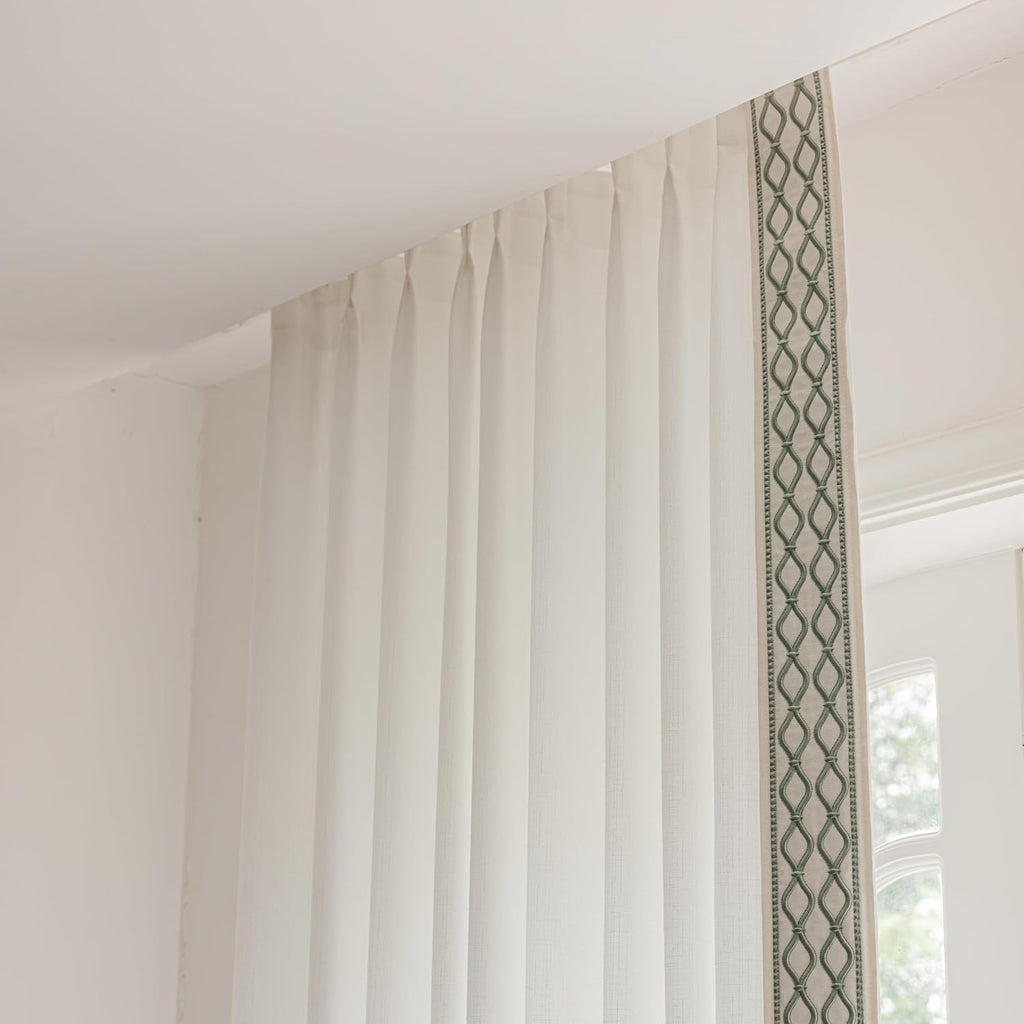 White Linen Curtain Panels with Embroidered Trim Design, Pinch Pleat Curtains, Semi-Sheer Curtains for Sliding Patio Doors Bedroom (2 Panels) (50W x 84L)