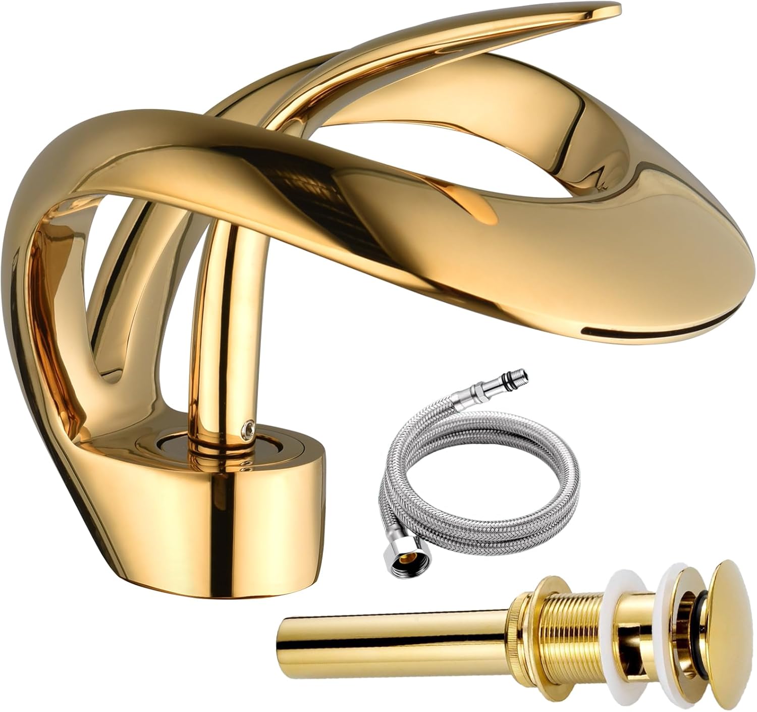 Elegant Bathroom Sink Faucet Single Hole,AUU Waterfall Matte Black Vanity Sink Faucet Solid Brass,Single Handle Basin Tap with Pop Up Drian Deck Plate Supply Line (Black, Short)